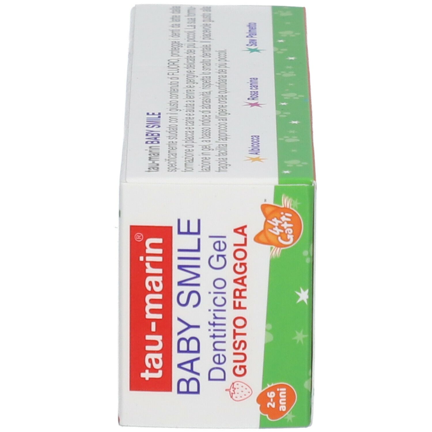 Confezione dentifricio Tau-Marin, Dentifricio Gel BABY SMILE, 2-6 anni. Vista laterale. Nome prodotto e logo.