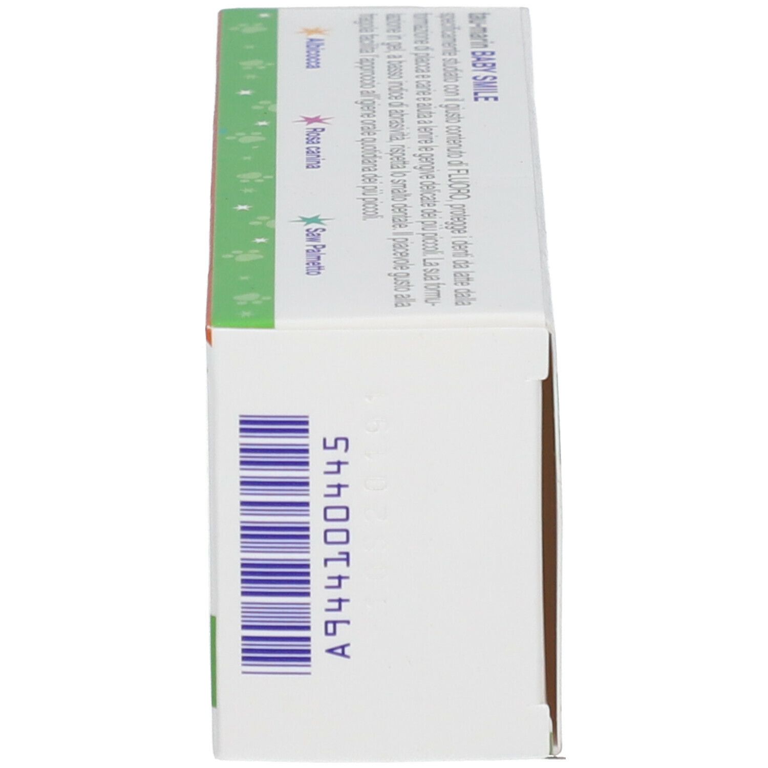 Confezione dentifricio Tau-Marin, Dentifricio Gel BABY SMILE, 2-6 anni. Vista laterale con codice a barre e codice prodotto.