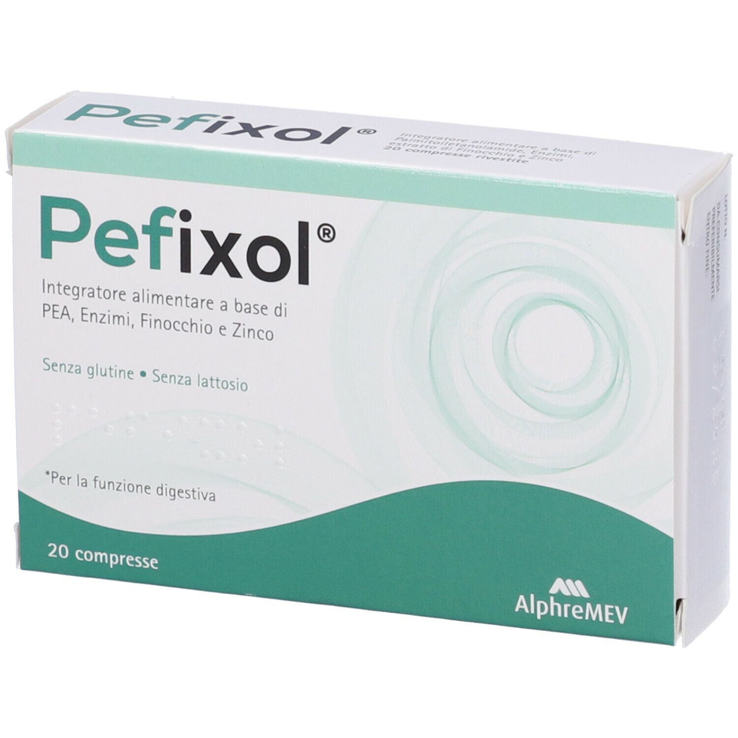 Scatola bianca con design a onda verde. Scritto: Pefixol, 20 compresse, senza glutine, senza lattosio. Marchio AlphreMEV.