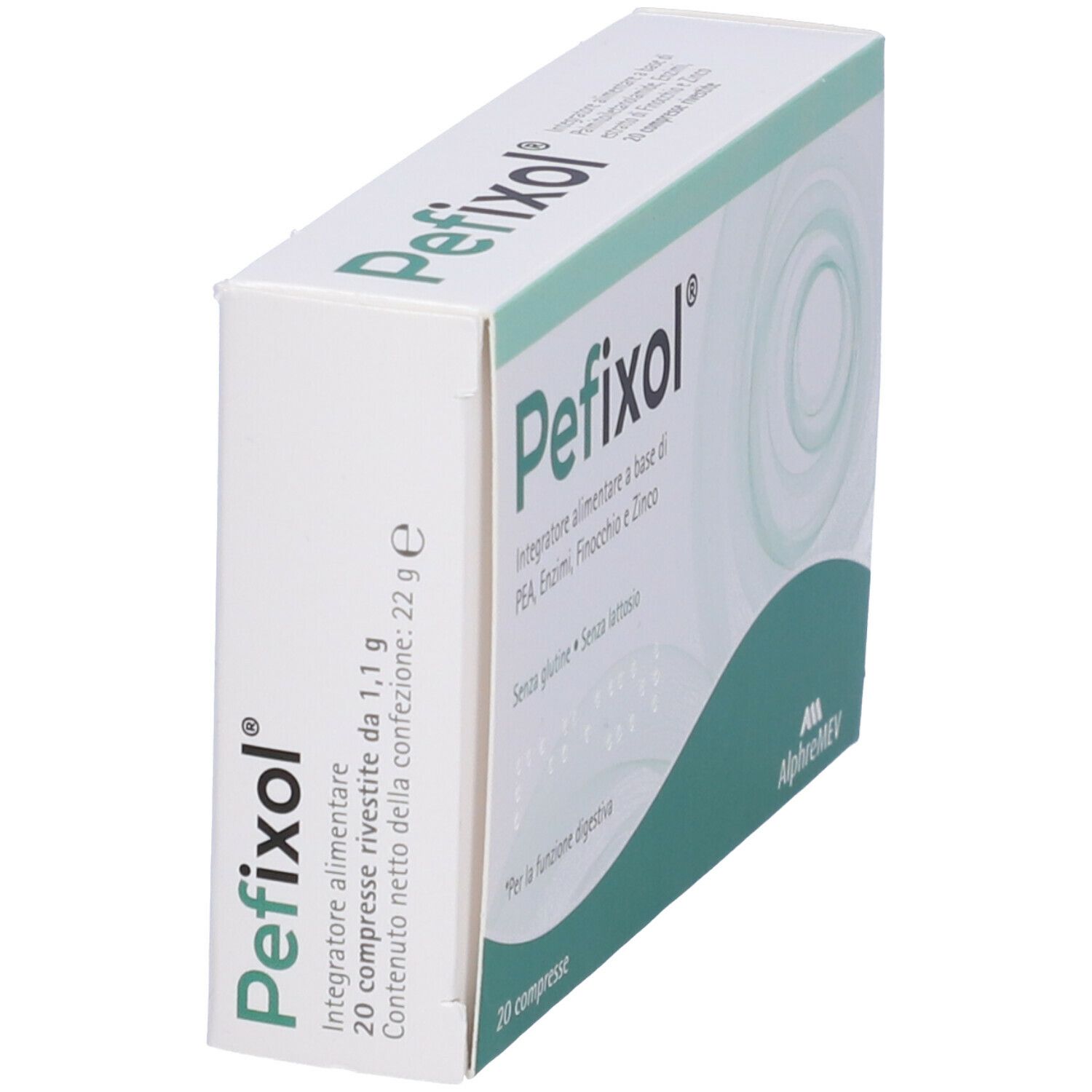Scatola Pefixol, bianca con design verde. Scritto: 20 compresse, senza glutine, senza lattosio. Marchio AlphreMEV. Contenuto 22g.