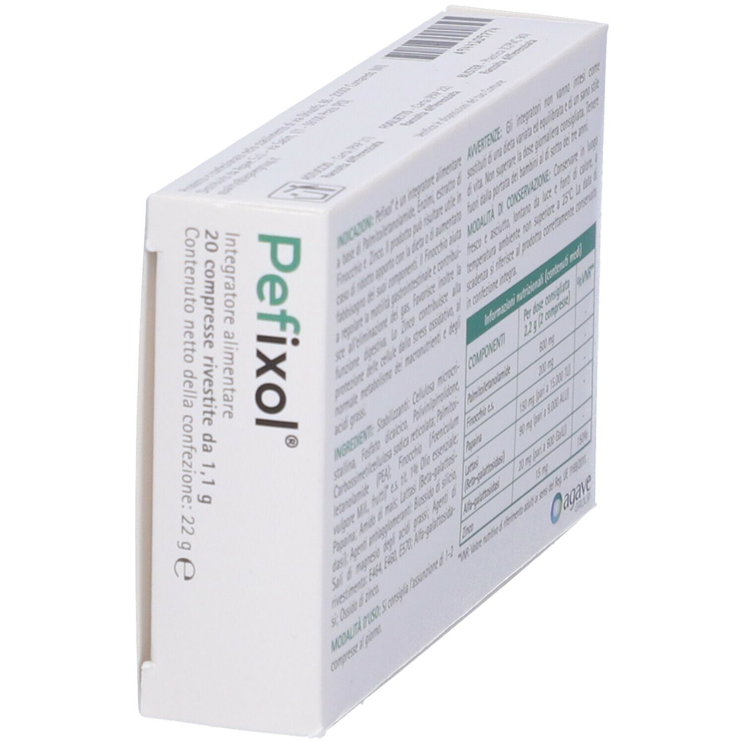 Scatola Pefixol, bianca con design verde. Testo con ingredienti e informazioni nutrizionali. Marchio Agave.