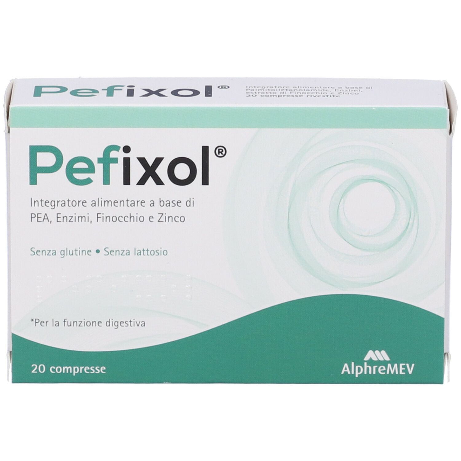 Scatola bianca con design a onda verde. Scritto: Pefixol, 20 compresse, senza glutine, senza lattosio. Marchio AlphreMEV.