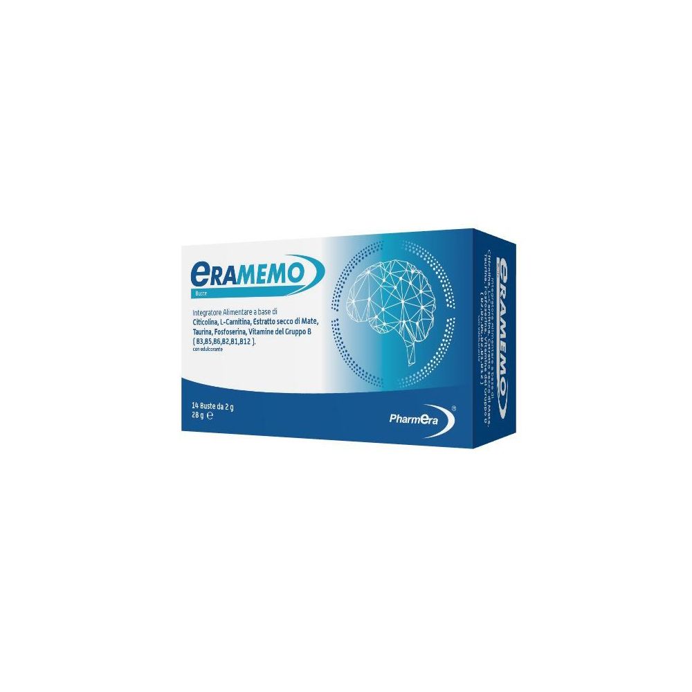 Scatola blu e bianca Eramemo. Contiene 14 bustine. Marchio Pharmera.