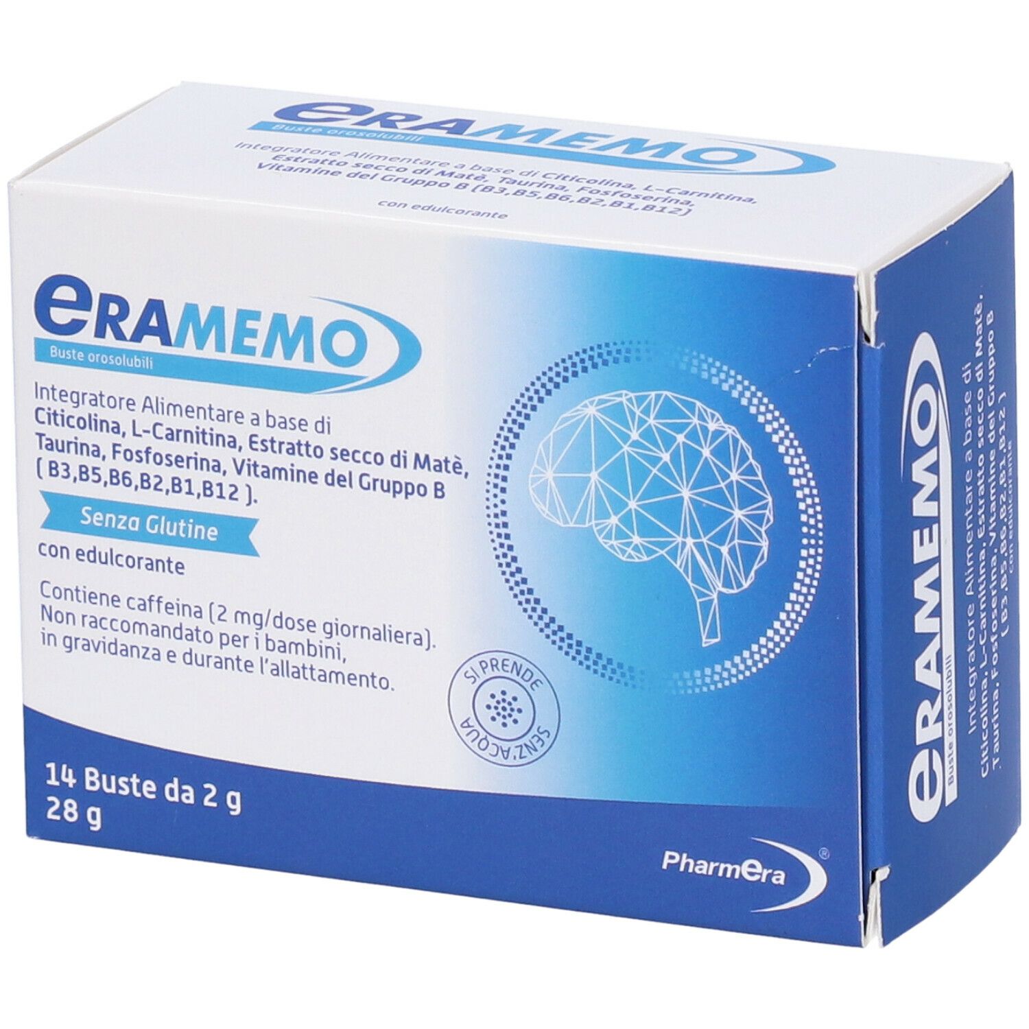 Scatola Eramemo con 14 bustine. Contiene Citicolina, L-Carnitina, estratto di mate, taurina, vitamine B. Senza glutine.