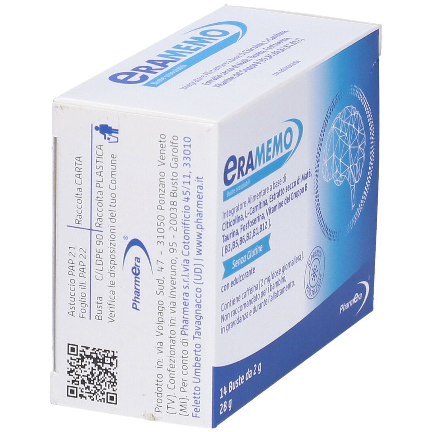 Lato scatola Eramemo. Contiene informazioni sugli ingredienti e l'indirizzo del produttore. Senza glutine.