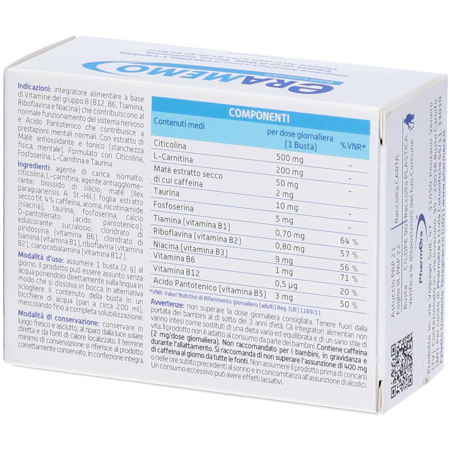 Retro della scatola Eramemo. Contiene tabella ingredienti e raccomandazioni d'uso. Senza glutine.