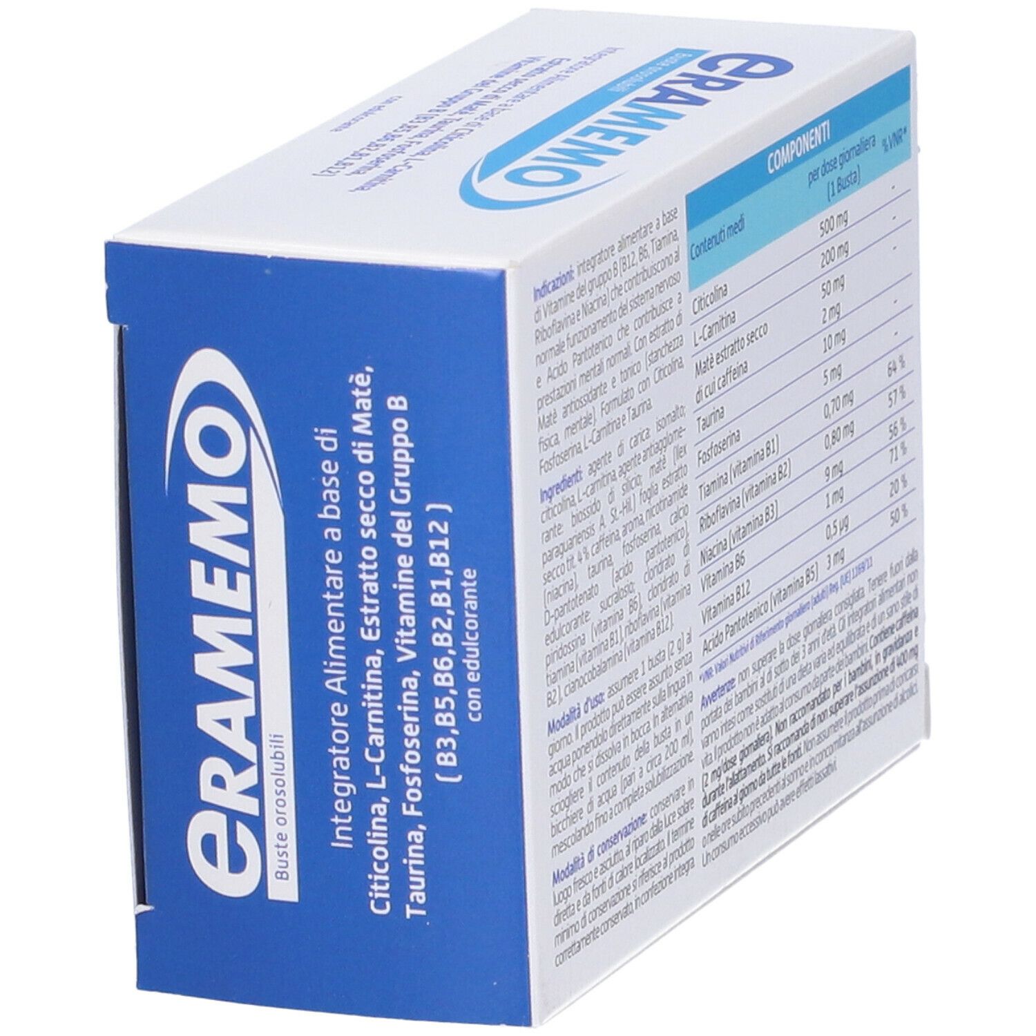Lato scatola Eramemo. Contiene ingredienti, dosaggio e informazioni produttore. Senza glutine.