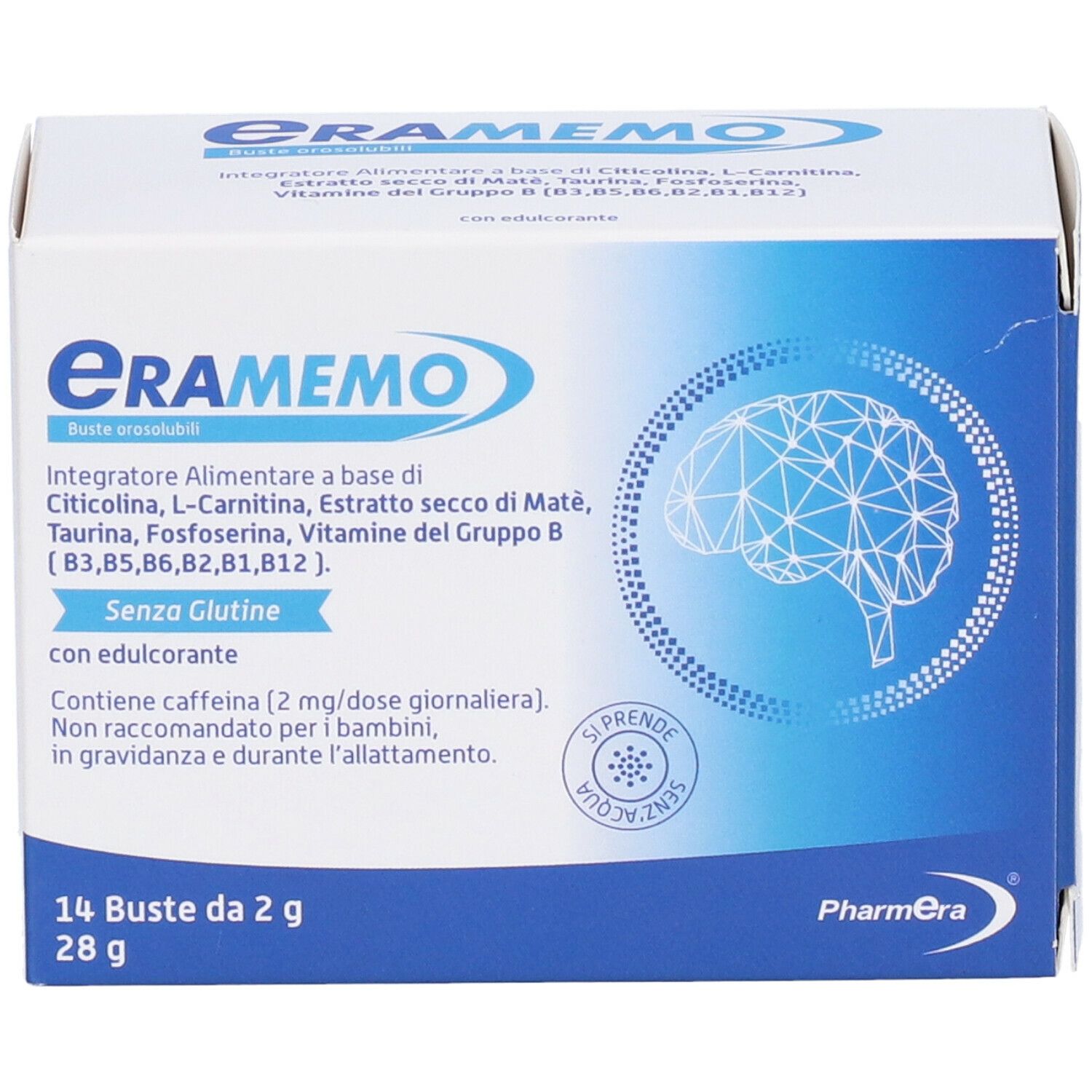 Scatola Eramemo. Contiene 14 bustine. Contiene Citicolina, L-Carnitina, estratto di mate, taurina, vitamine B. Senza glutine.