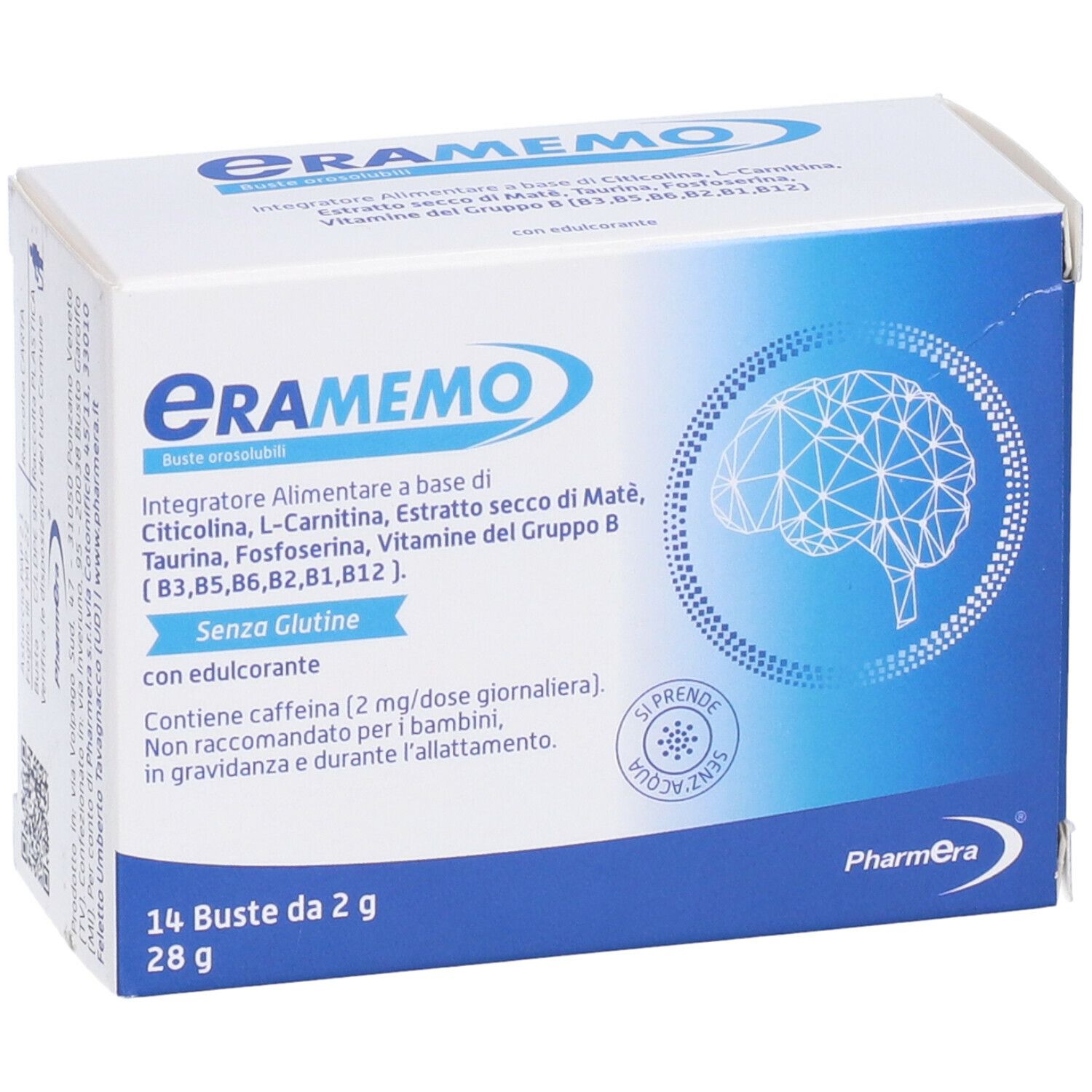 Scatola Eramemo. Contiene 14 bustine. Contiene Citicolina, L-Carnitina, estratto di mate, taurina, vitamine B. Senza glutine.