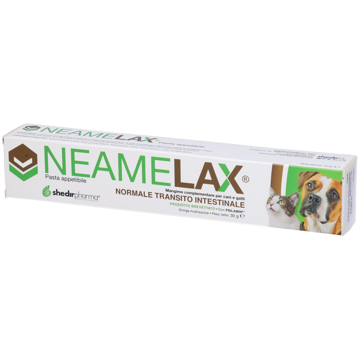 Confezione di Neamelax Pasta. Testo: Normale transito intestinale. Per cani e gatti. 30g.