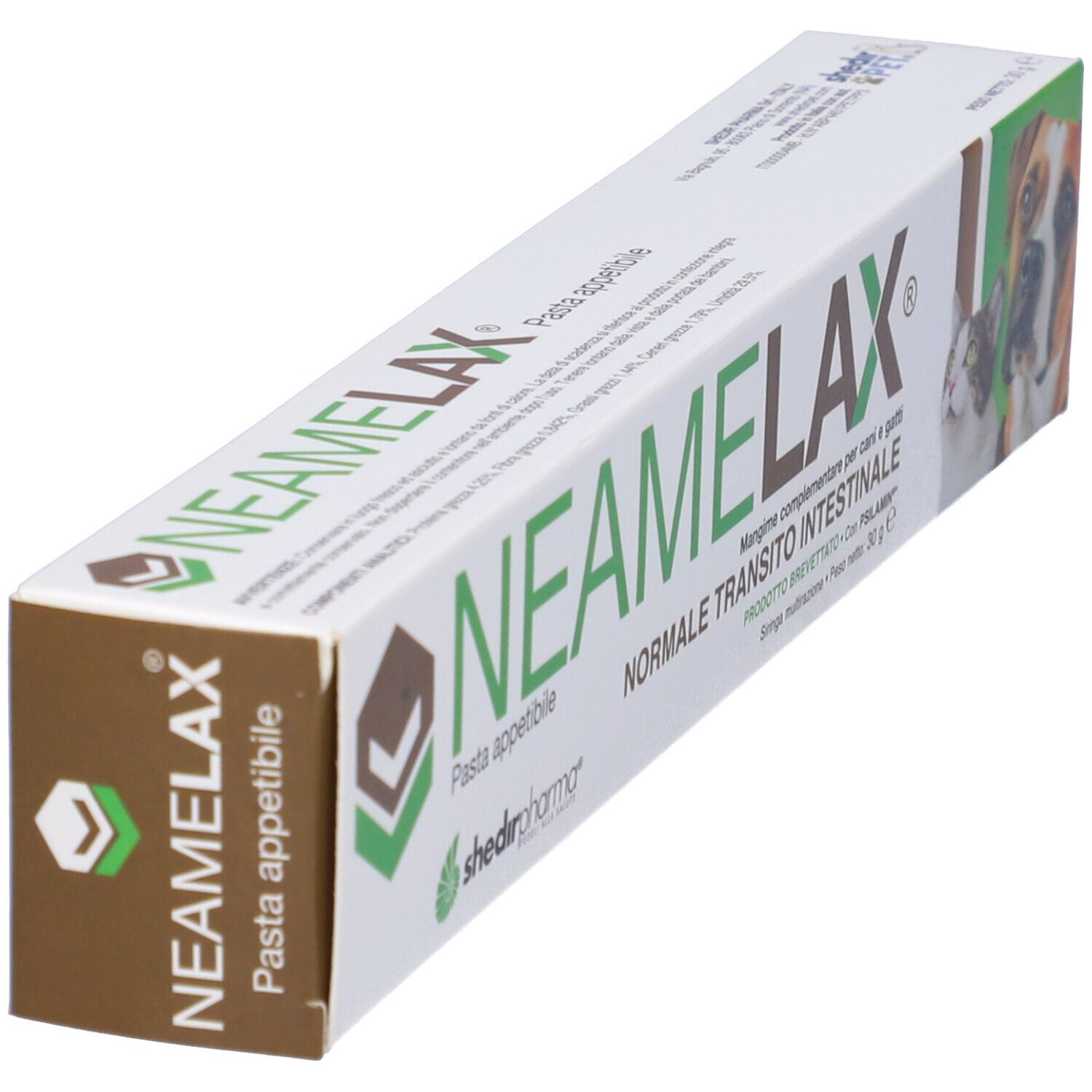 Confezione di Neamelax Pasta angolata. Testo: Normale transito intestinale. Per cani e gatti. 30g.