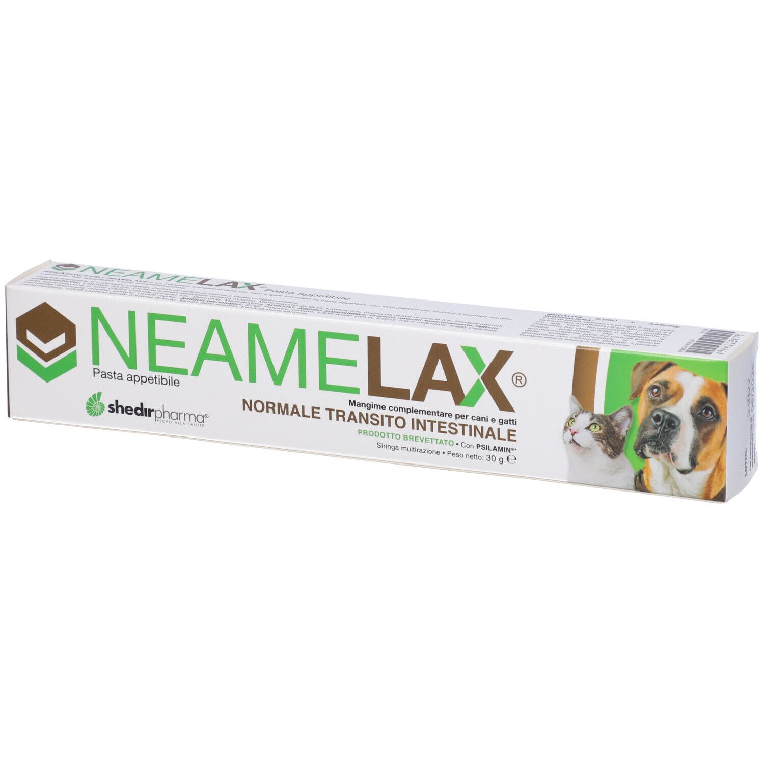 Confezione di Neamelax Pasta. Testo: Normale transito intestinale. Per cani e gatti. 30g.