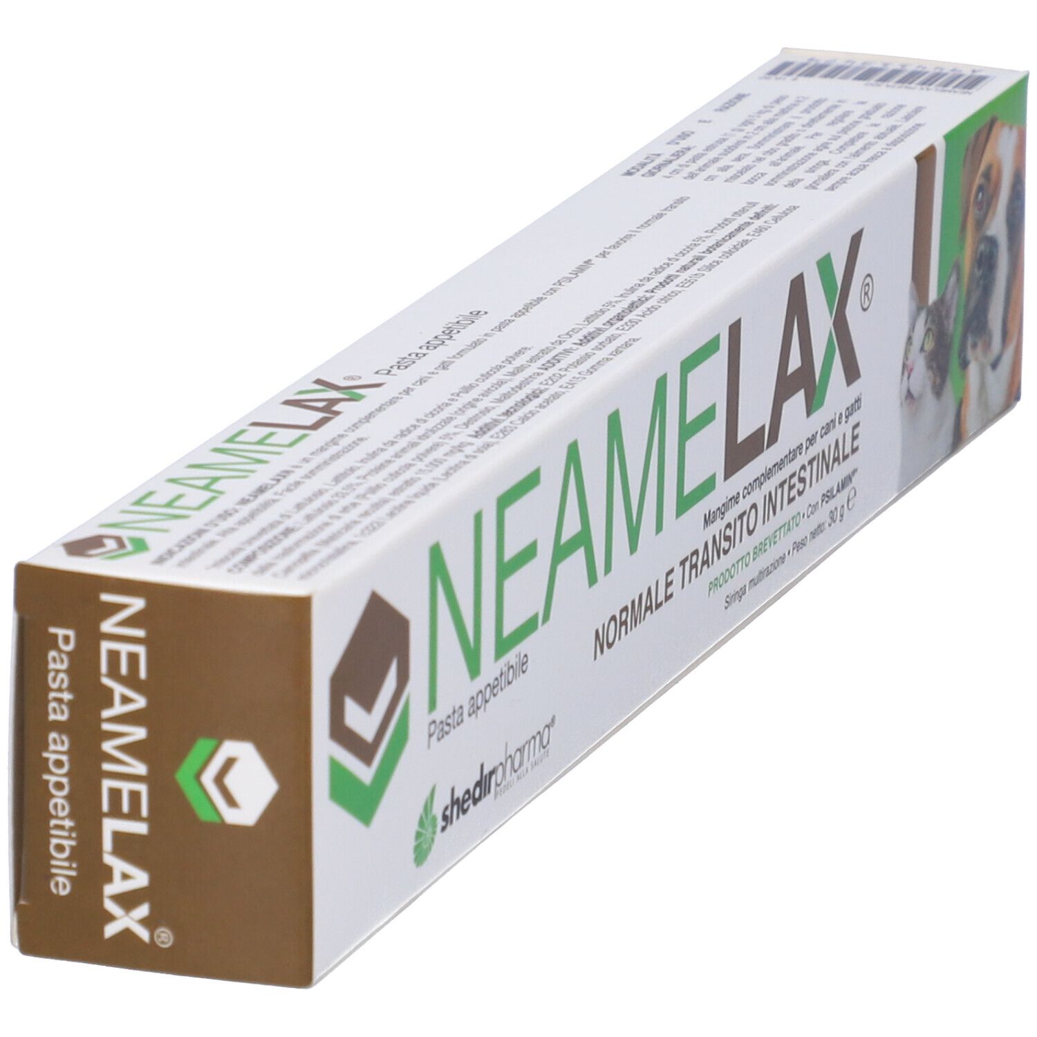 Confezione di Neamelax Pasta angolata. Testo: Normale transito intestinale. Per cani e gatti. 30g.