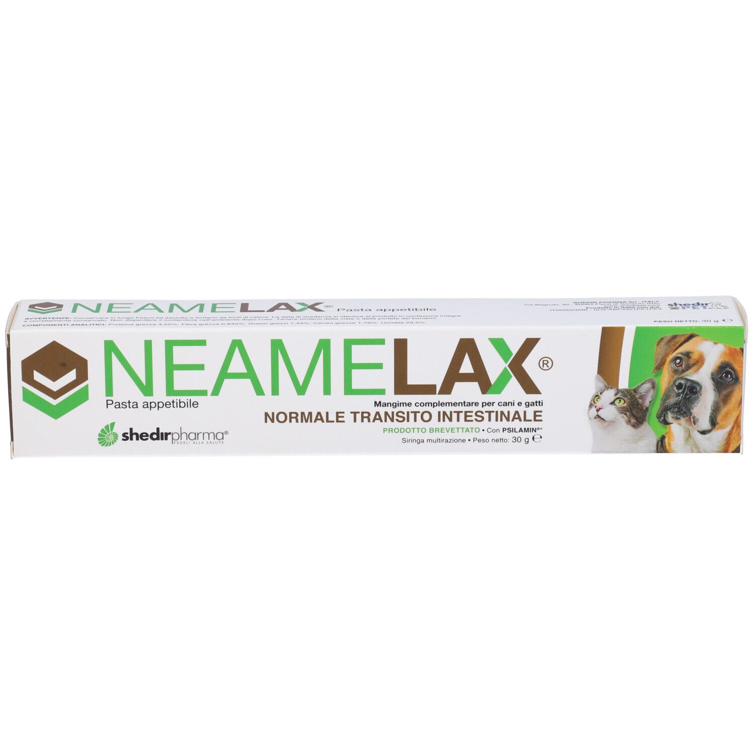Confezione di Neamelax Pasta. Testo: Normale transito intestinale. Per cani e gatti. 30g.