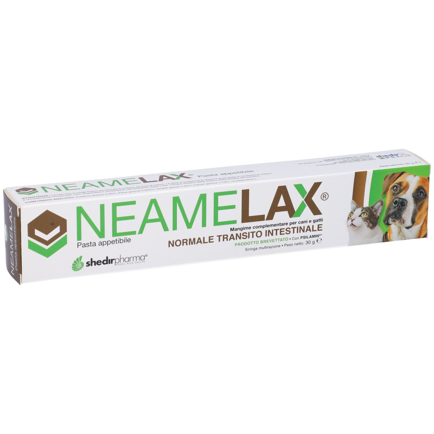 Confezione di Neamelax Pasta. Testo: Normale transito intestinale. Per cani e gatti. 30g.