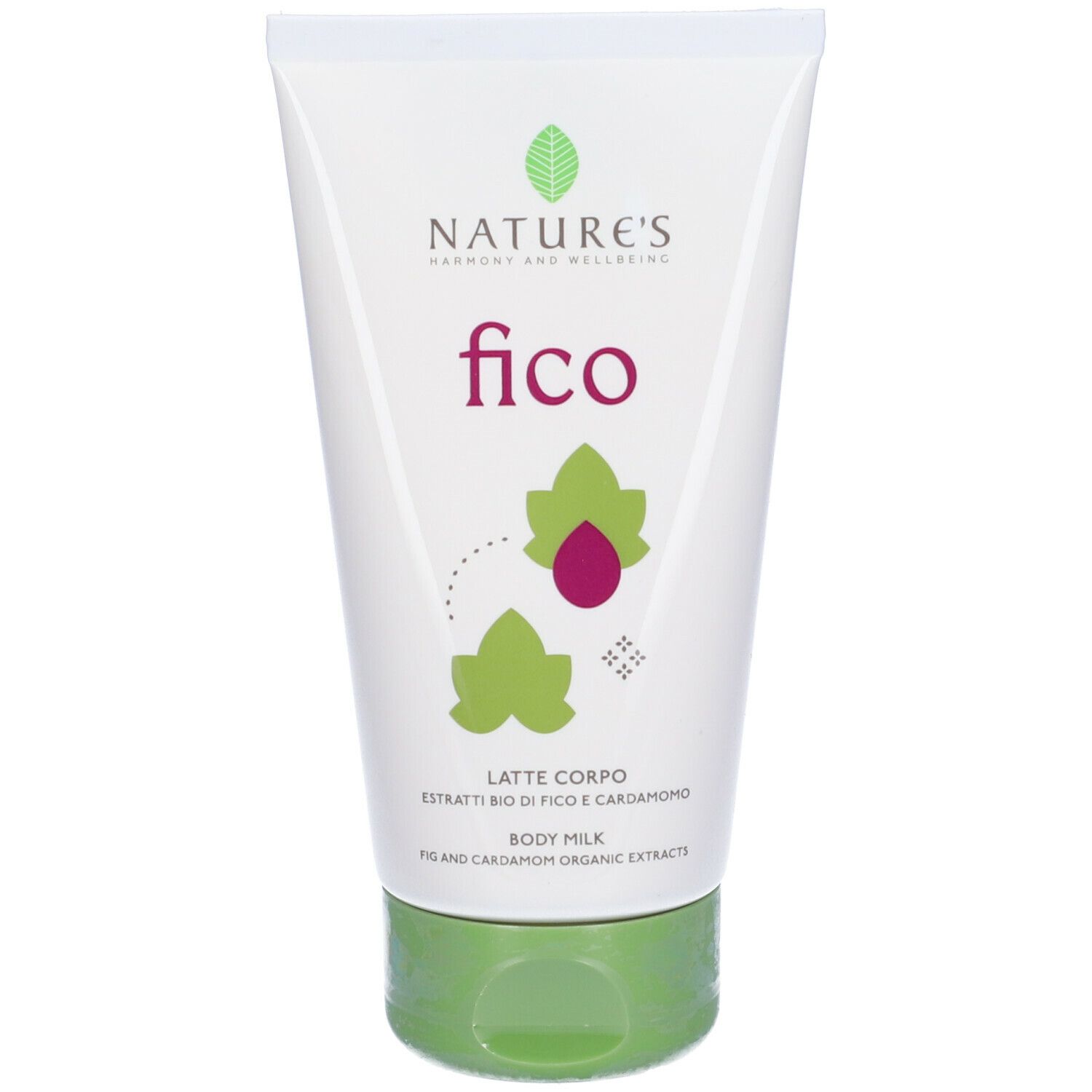 Tubo bianco con tappo verde. Scritta: NATURE'S, fico, Latte Corpo. Illustrazione di foglie e frutti di fico.
