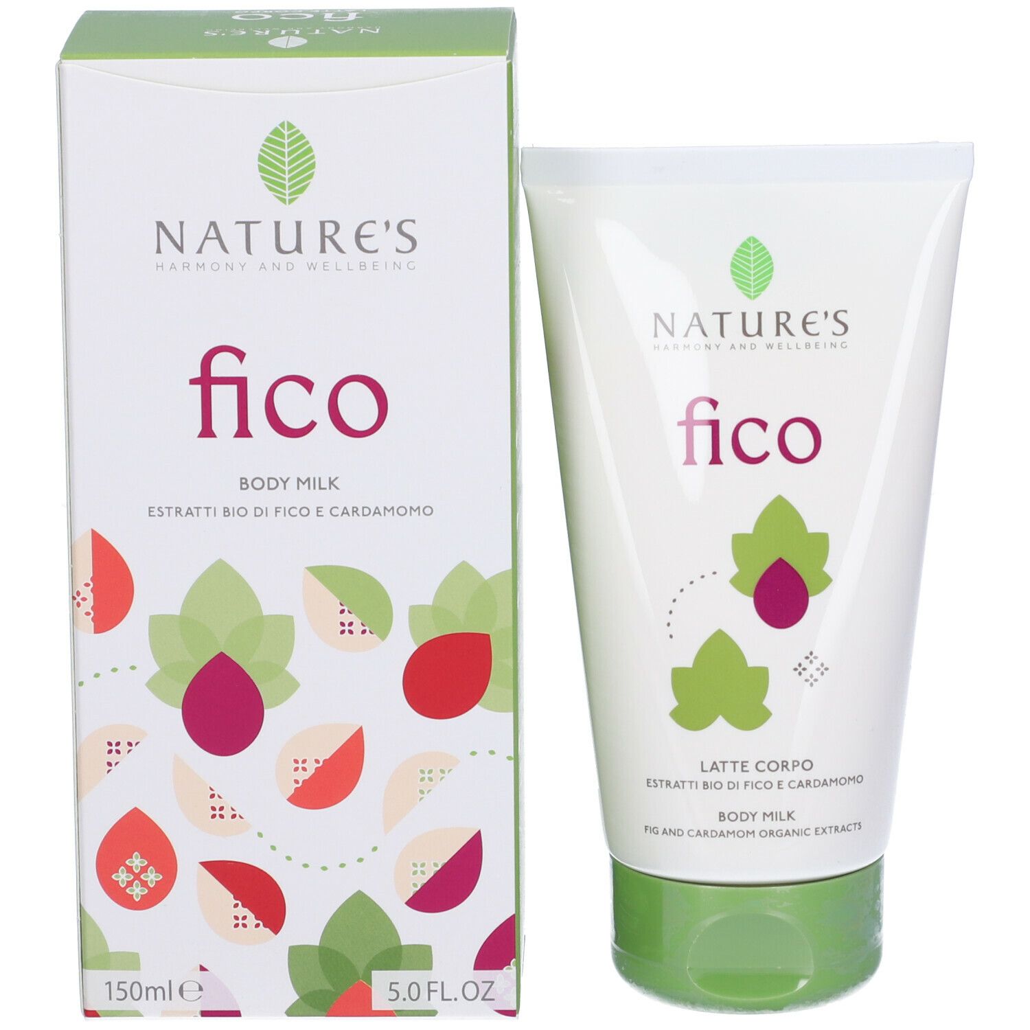 Confezione e tubo. Confezione: bianca, verde, illustrazioni di fichi. Tubo: bianco, verde, scritta: fico.