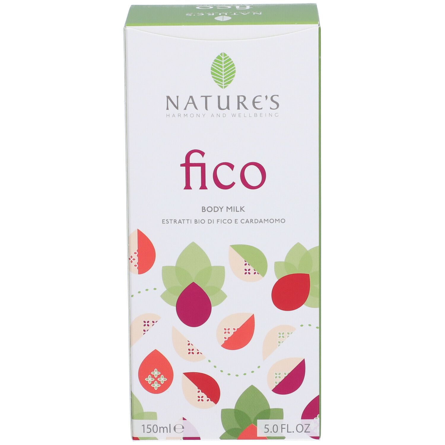 Confezione bianca con parte superiore verde. Scritta: NATURE'S, fico, Body Milk. Illustrazioni di fichi.