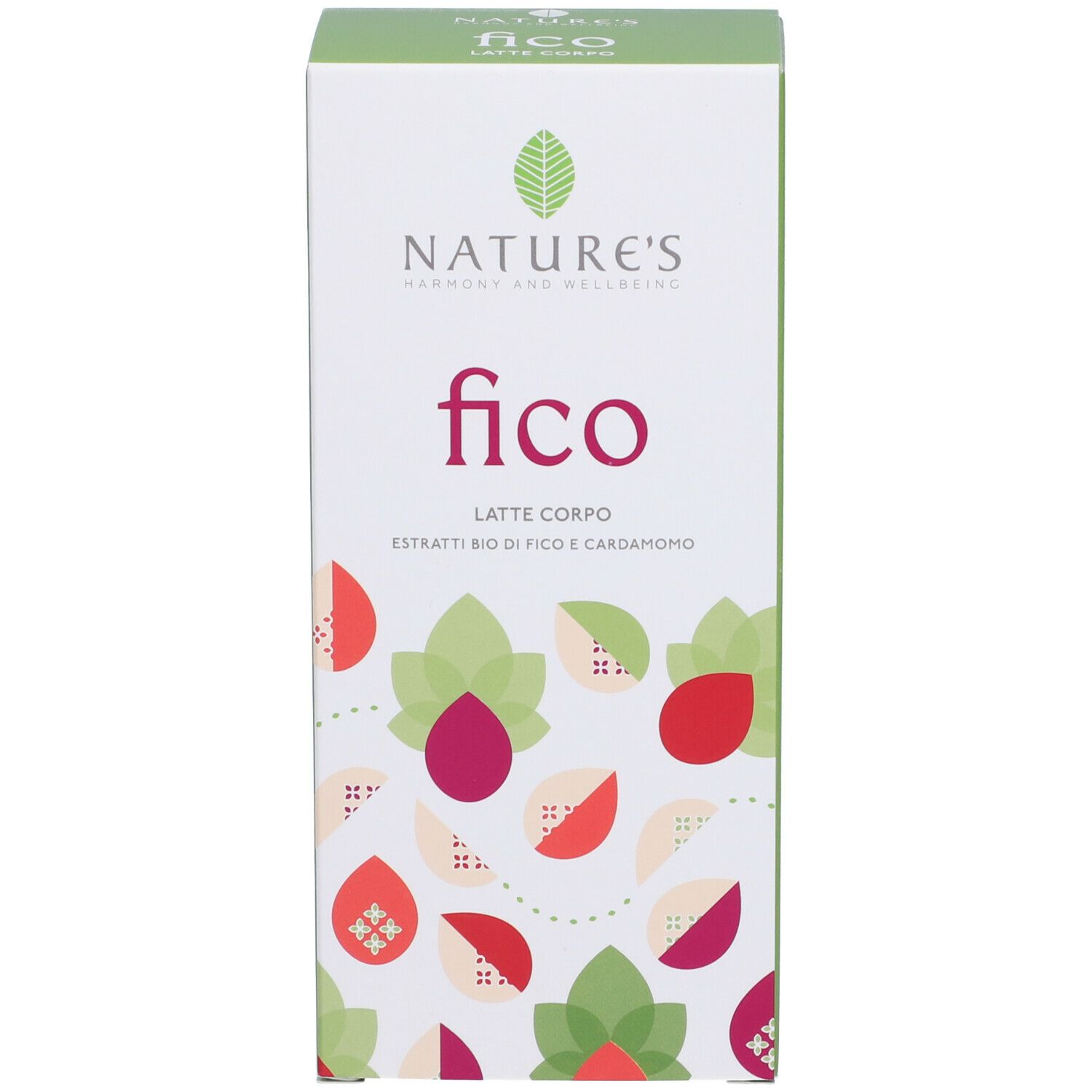Fronte della confezione. Scritta: NATURE'S, fico, Body Milk. Illustrazioni di fichi e foglie.
