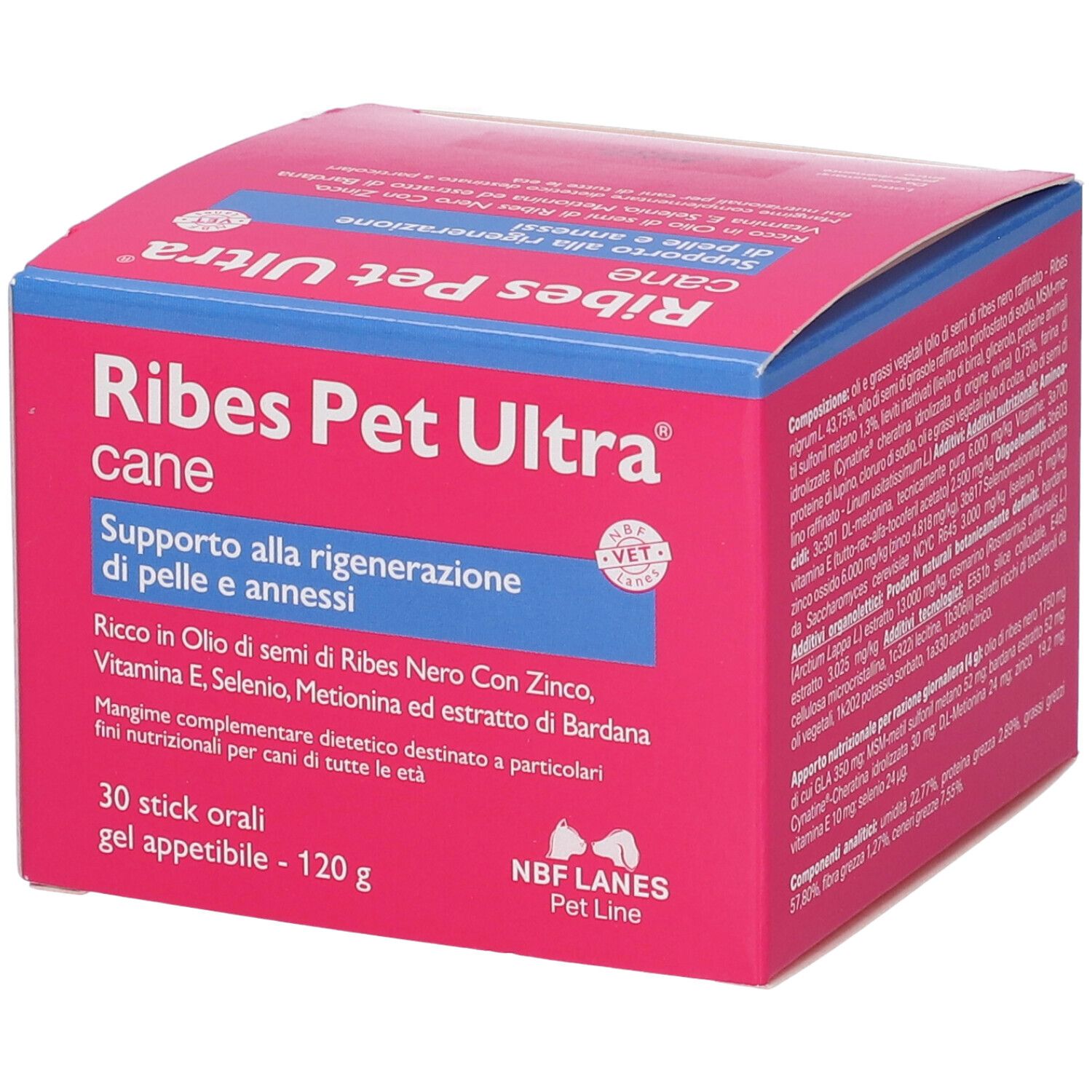 Seitenansicht der Verpackung Ribes Pet Ultra cane, 30 Stick orali, 120g. Rosa Karton mit Text.