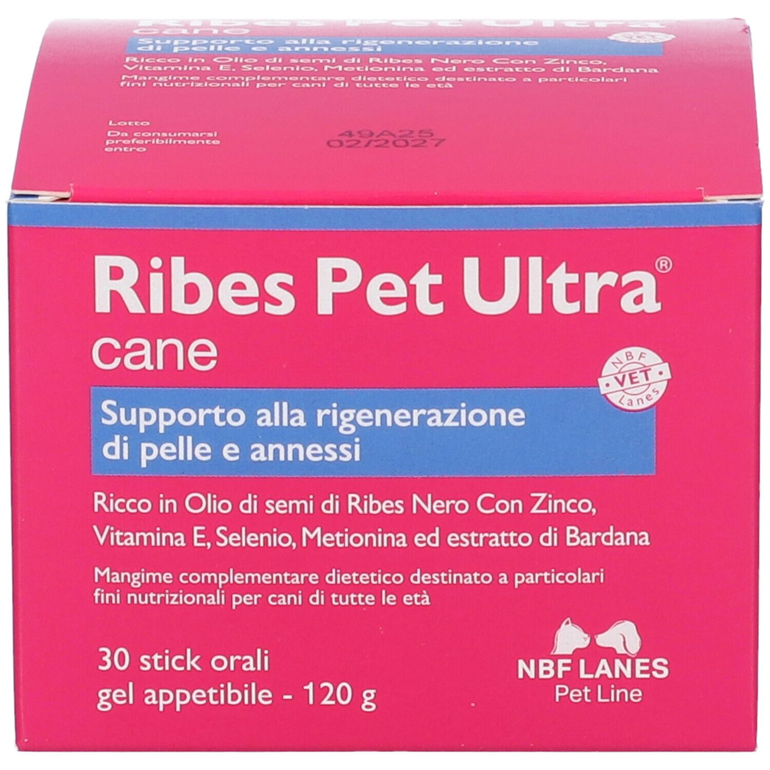 Verpackung Ribes Pet Ultra cane, 30 Stick orali, 120g. Rosa Karton mit blauen Akzenten.