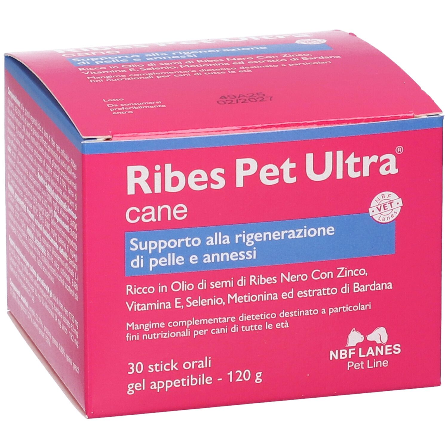 Verpackung Ribes Pet Ultra cane, 30 Stick orali, 120g. Rosa Karton, Rückseite mit detaillierten Informationen.