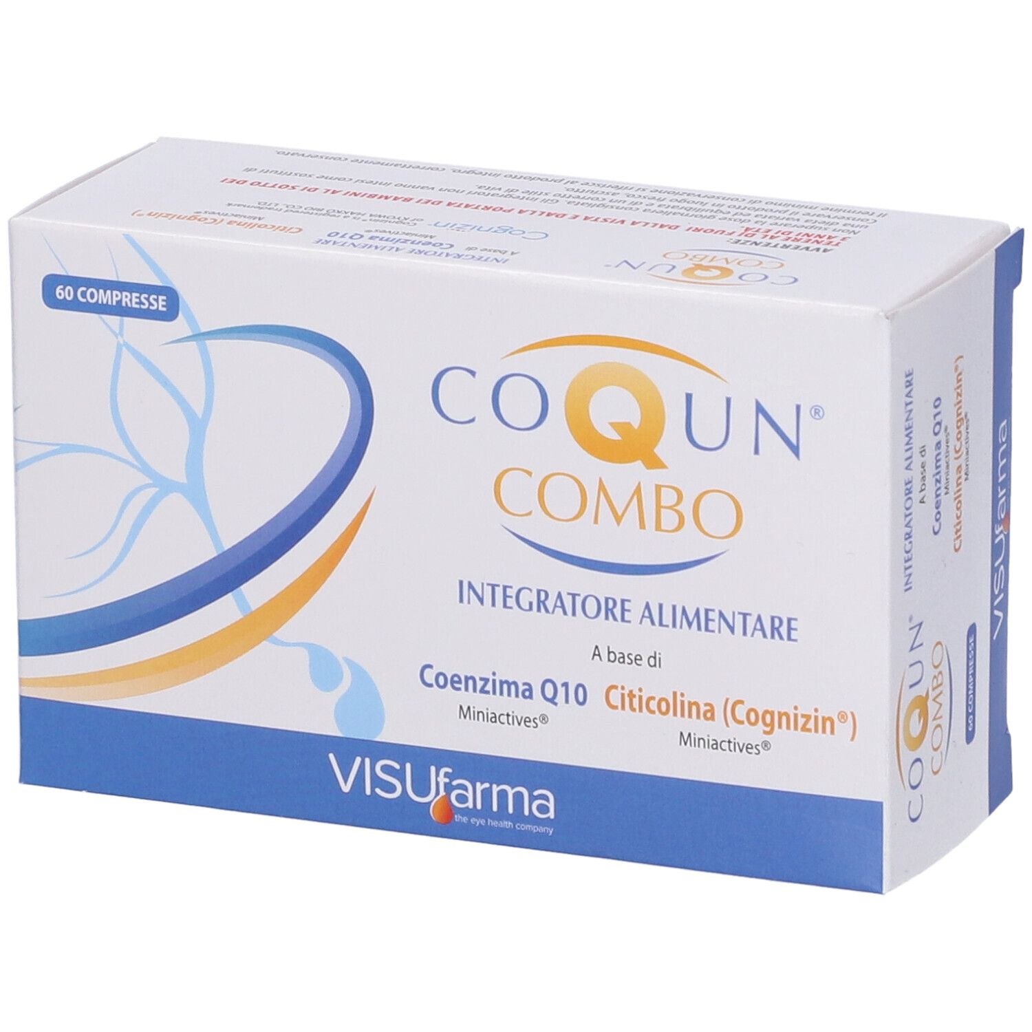 Boîte "CO QUN COMBO" avec 60 comprimés. Contient Coenzyme Q10 et Citicoline. Marque: Visufarma.