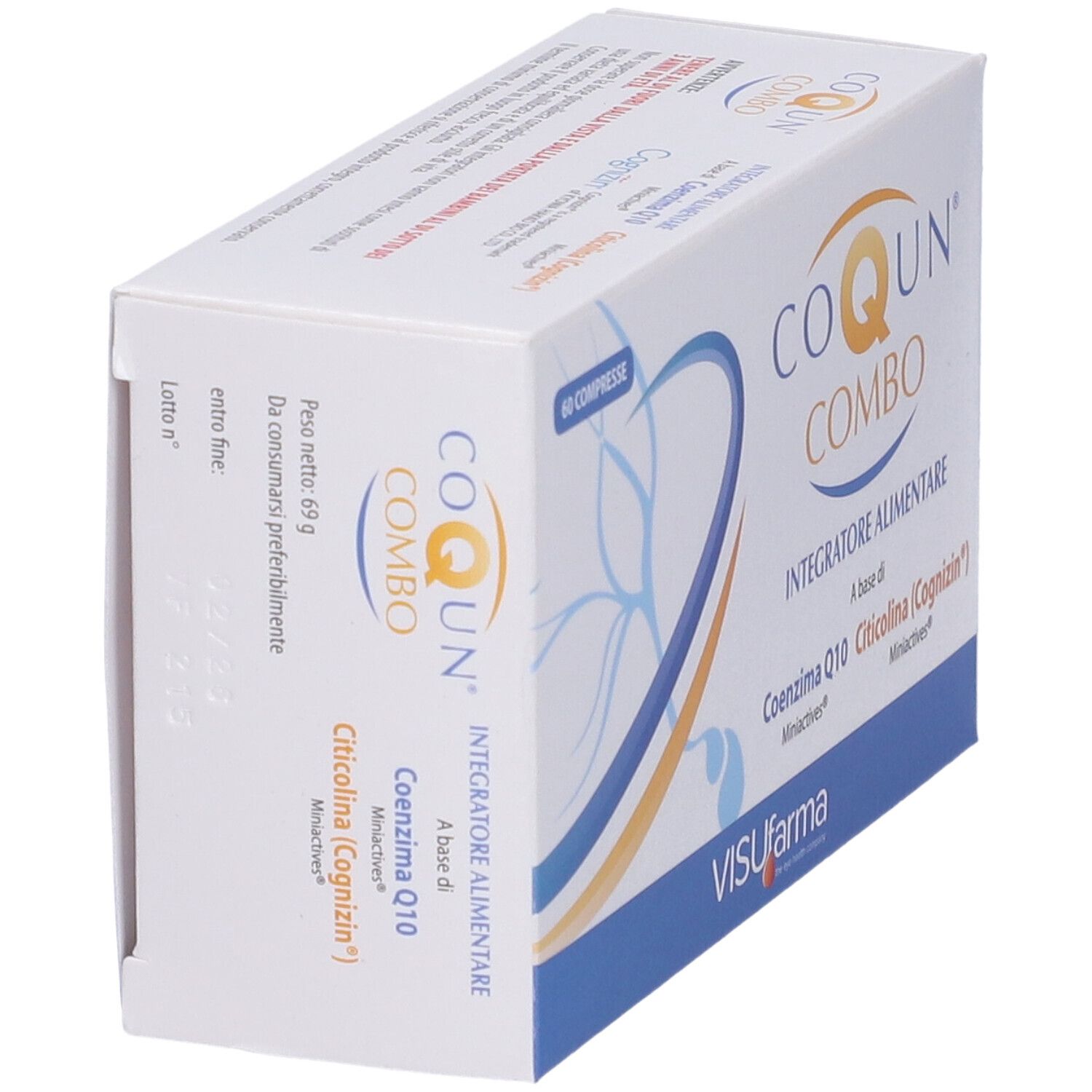 Boîte "CO QUN COMBO" avec 60 comprimés. Contient Coenzyme Q10 et Citicoline. Marque: Visufarma.
