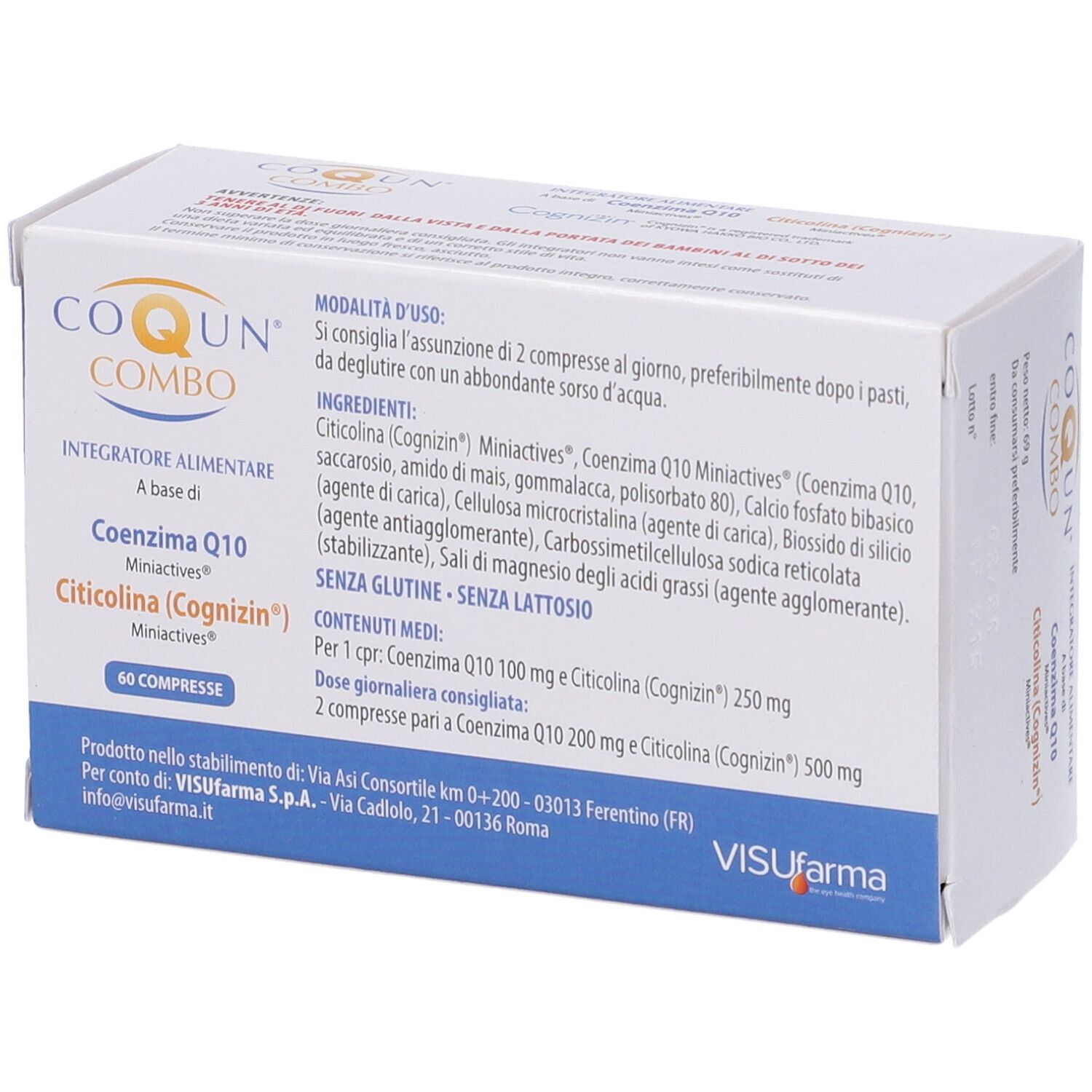 Boîte "CO QUN COMBO" avec 60 comprimés. Contient Coenzyme Q10 et Citicoline. Marque: Visufarma.