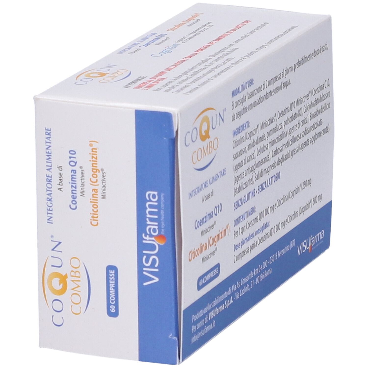 Boîte "CO QUN COMBO" avec 60 comprimés. Contient Coenzyme Q10 et Citicoline. Marque: Visufarma.
