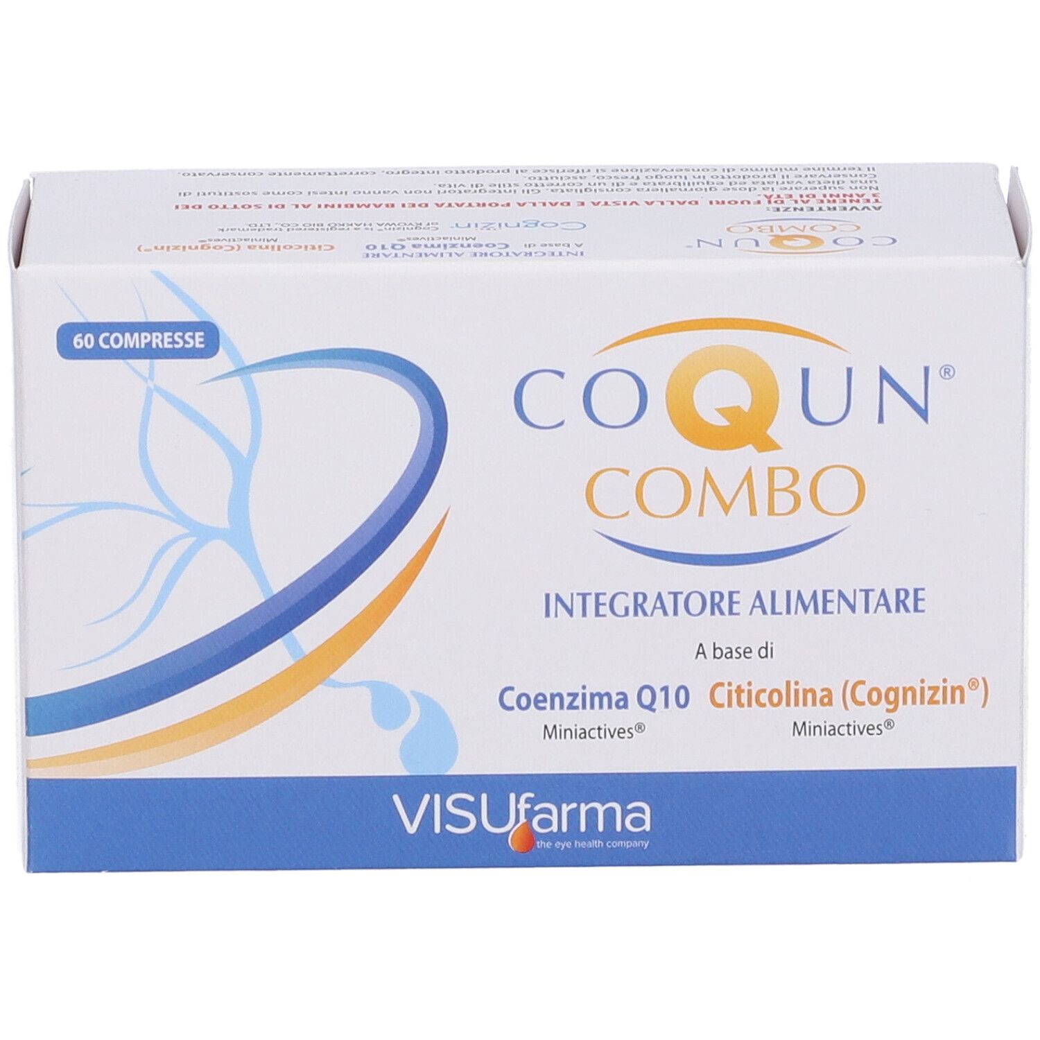 Boîte "CO QUN COMBO" avec 60 comprimés. Contient Coenzyme Q10 et Citicoline. Marque: Visufarma.