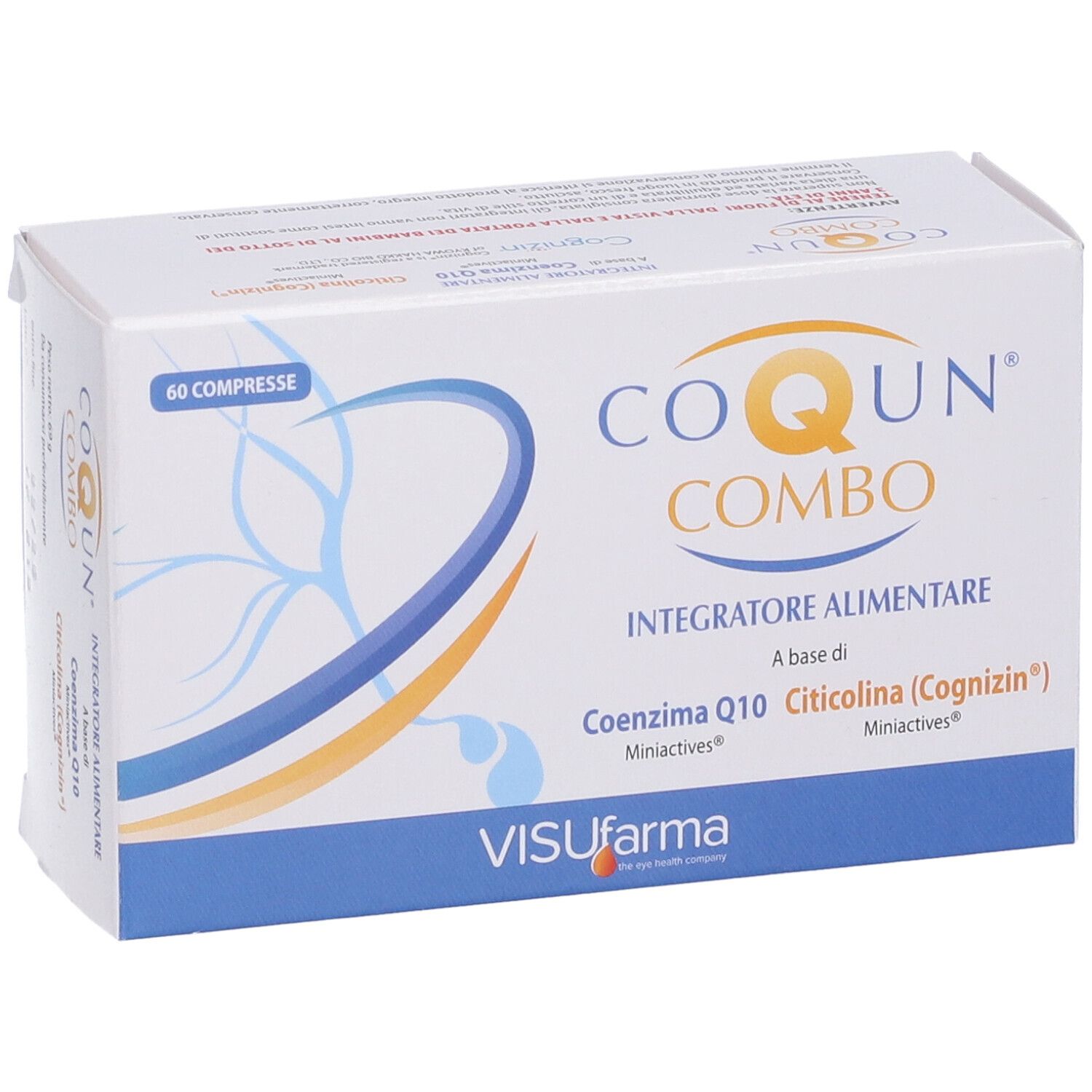 Boîte "CO QUN COMBO" avec 60 comprimés. Contient Coenzyme Q10 et Citicoline. Marque: Visufarma.