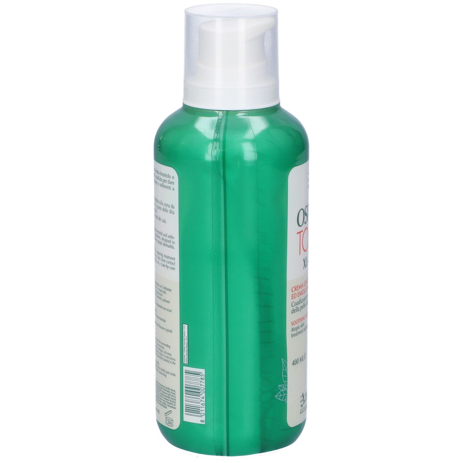 Grüne Flasche, Seitenansicht. Text auf Etikett. Produktname: Osmin Topic XL-400. Mit weißem Pumpkopf.