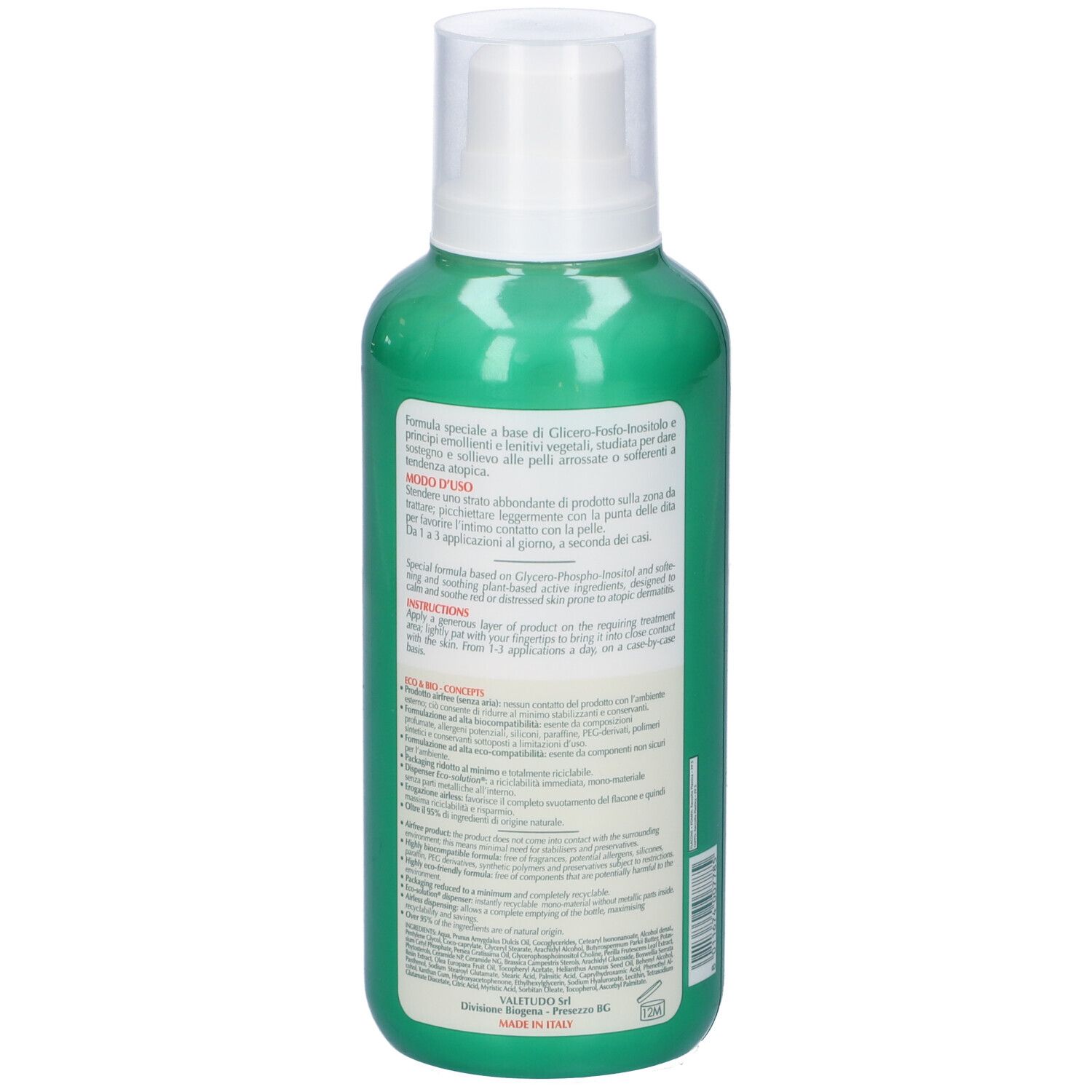 Rückseite der grünen Flasche. Text auf Etikett. Produktname: Osmin Topic XL-400. Mit weißem Pumpkopf.