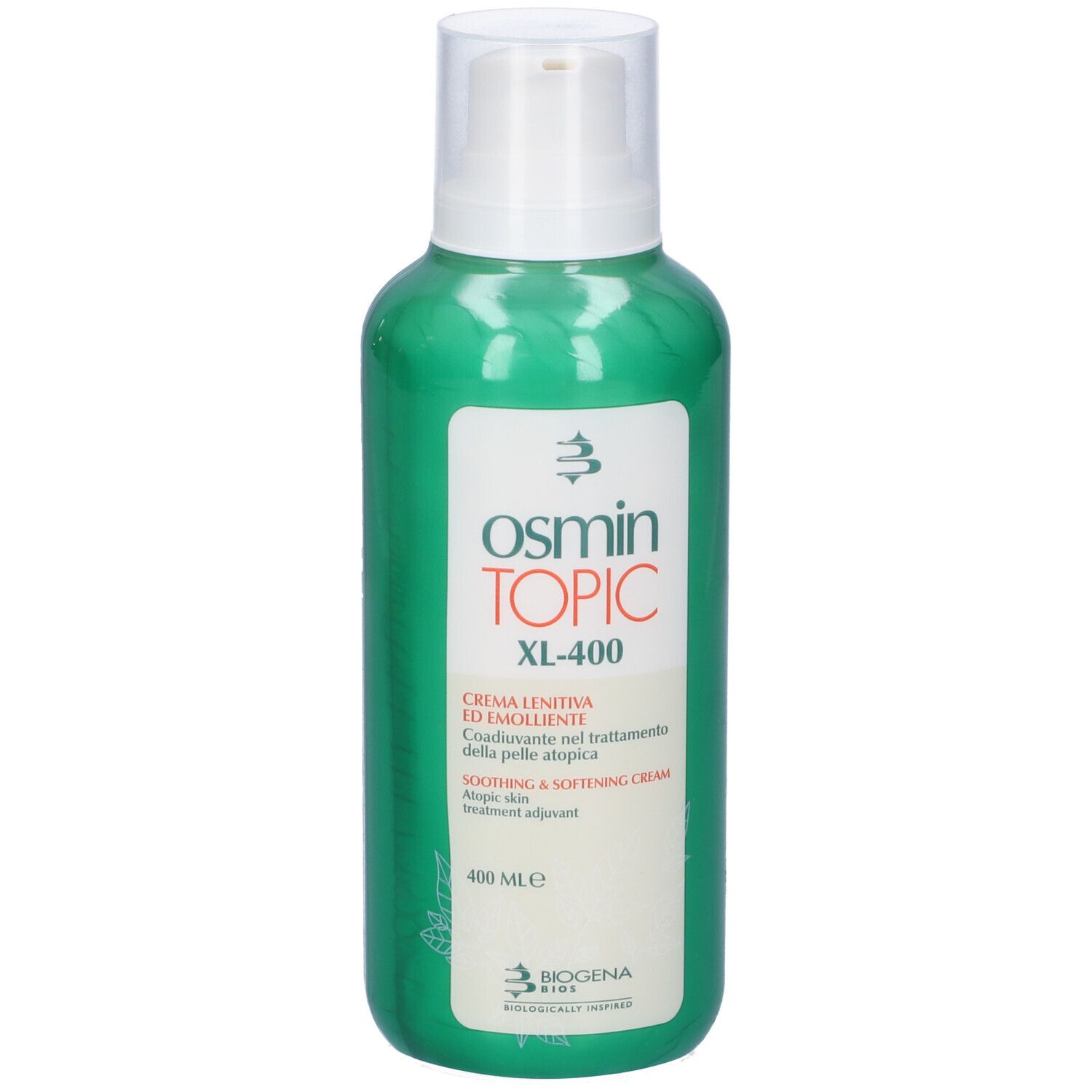 Grüne Flasche mit weißem Pumpkopf. Aufschrift: Osmin Topic XL-400. Creme für empfindliche Haut. 400 ml.