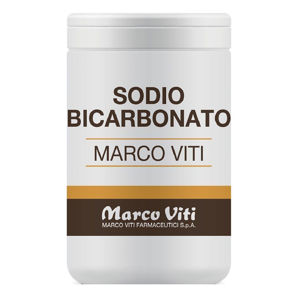 Contenitore cilindrico bianco con coperchio. Scritta: SODIO BICARBONATO, MARCO VITI. Logo e scritta Marco Viti.