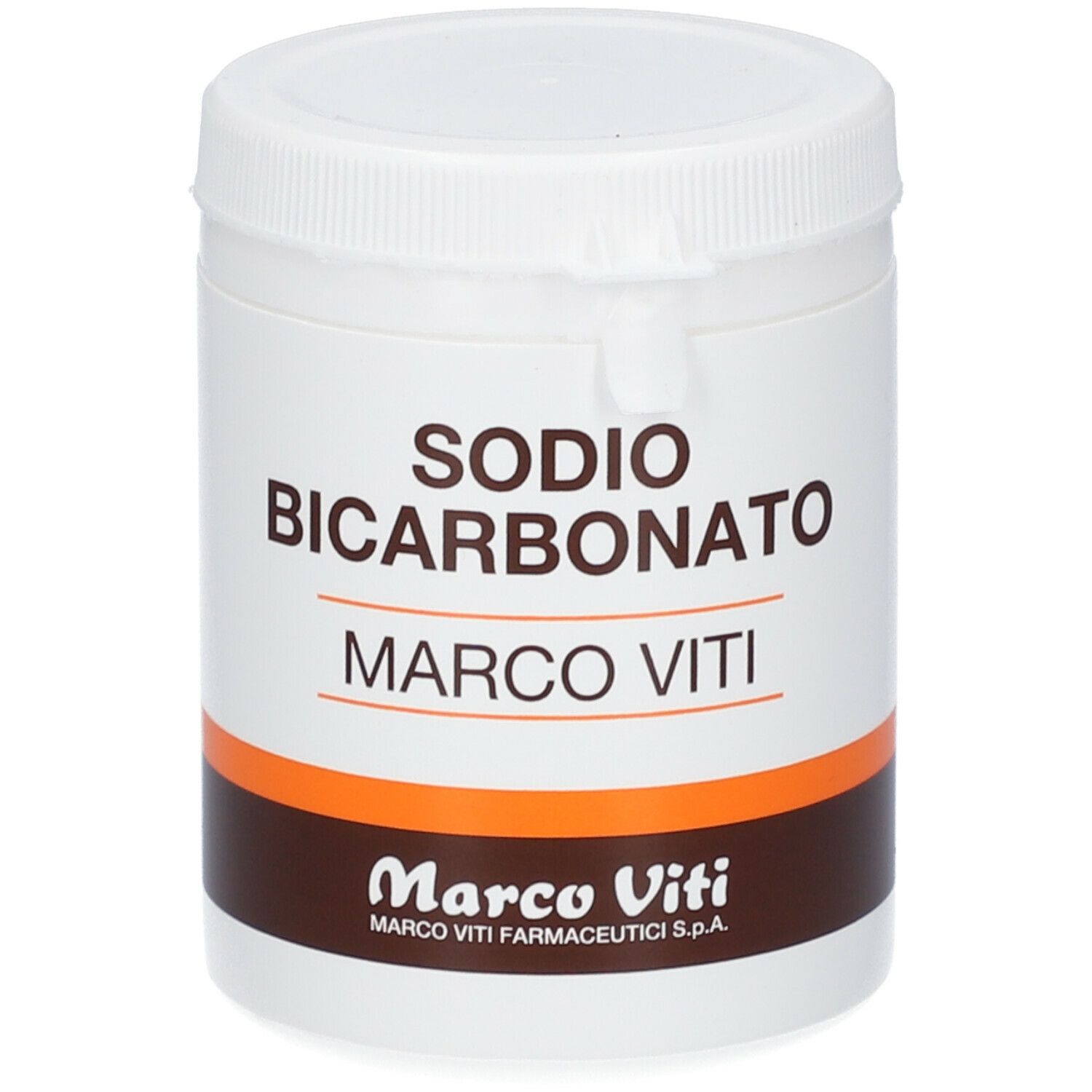 Contenitore cilindrico bianco con coperchio. Scritta: SODIO BICARBONATO, MARCO VITI. Logo e scritta Marco Viti.