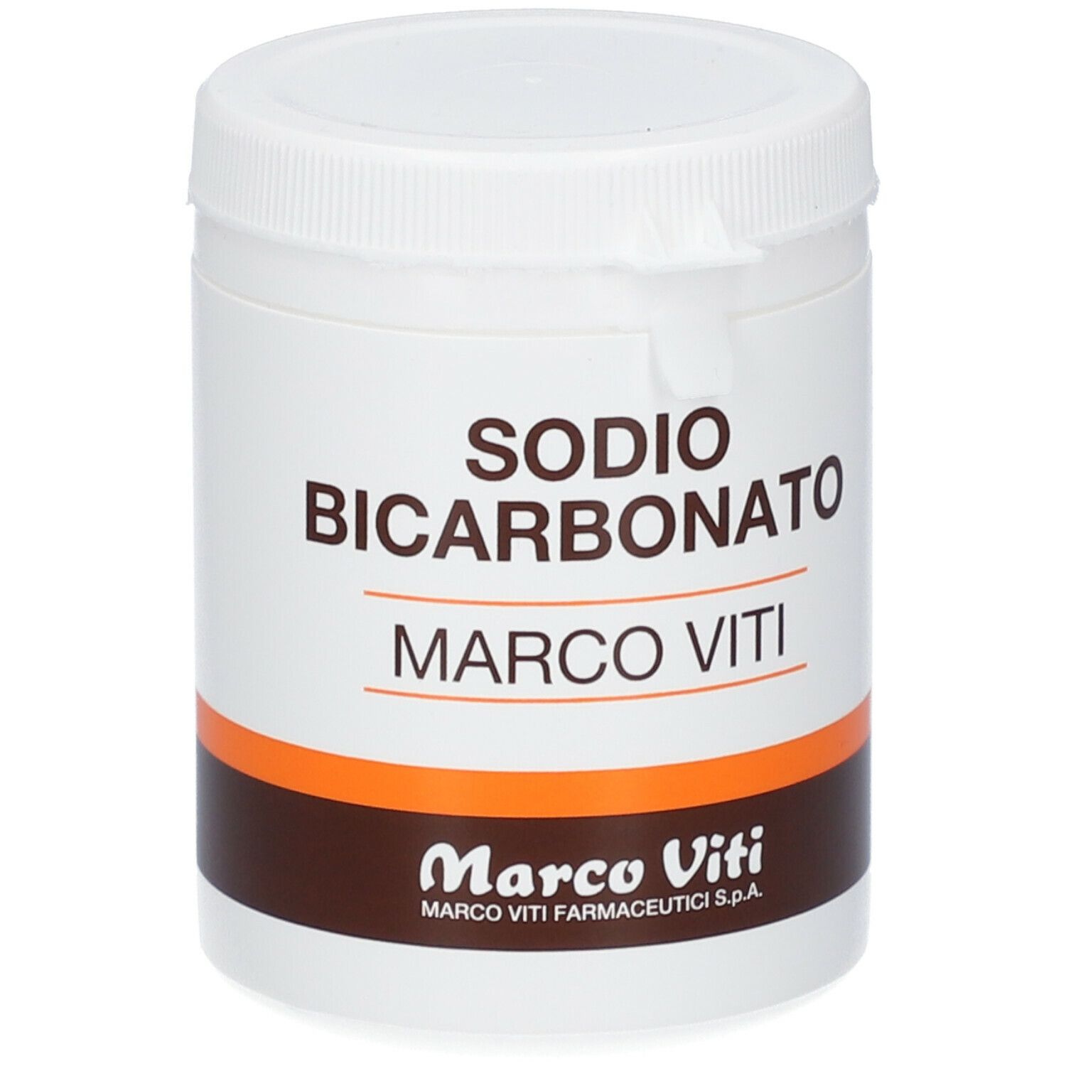 Contenitore cilindrico bianco con coperchio. Scritta: SODIO BICARBONATO, MARCO VITI. Logo e scritta Marco Viti.