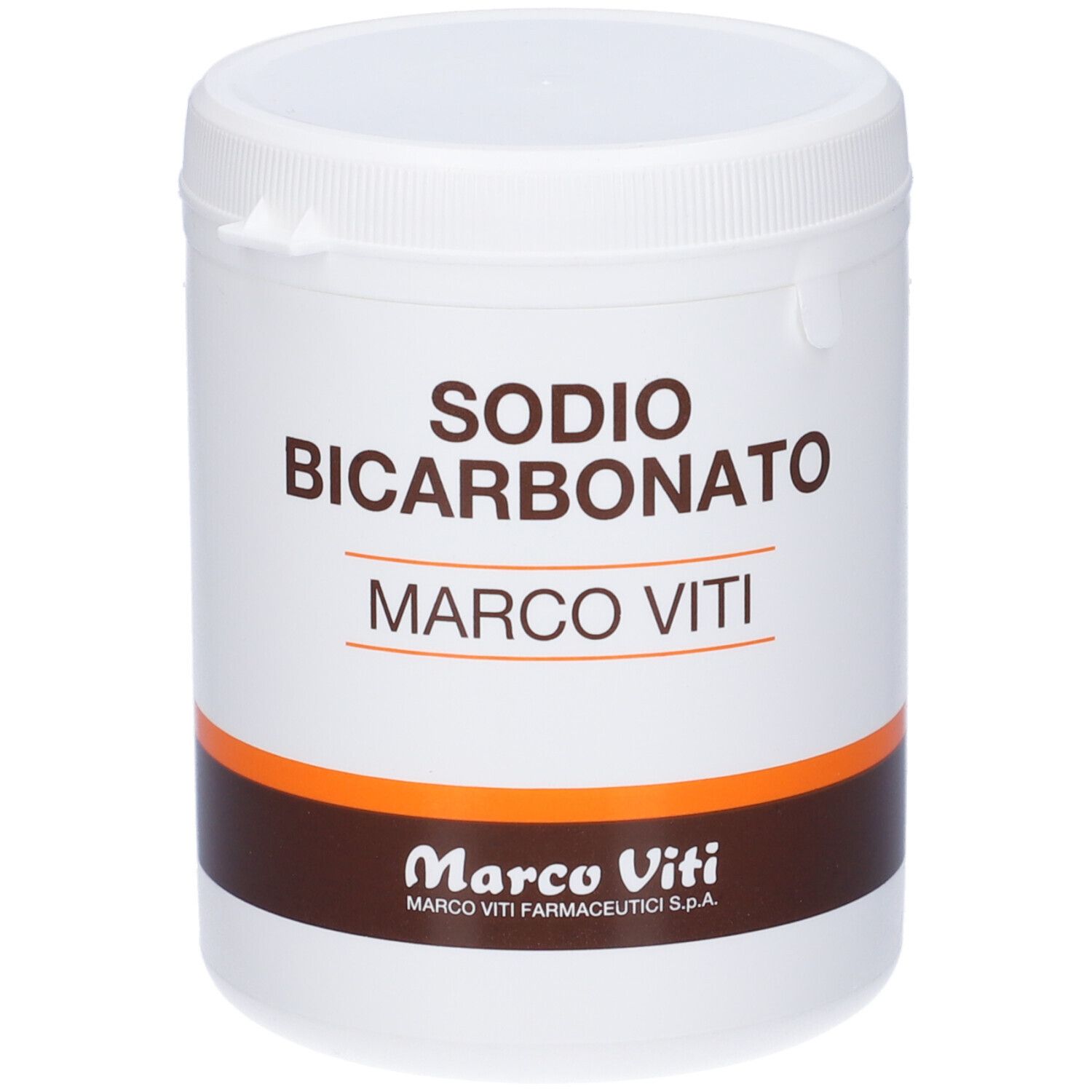 Récipient blanc avec couvercle. Inscription : SODIO BICARBONATO, MARCO VITI. Logo et texte : Marco Viti.