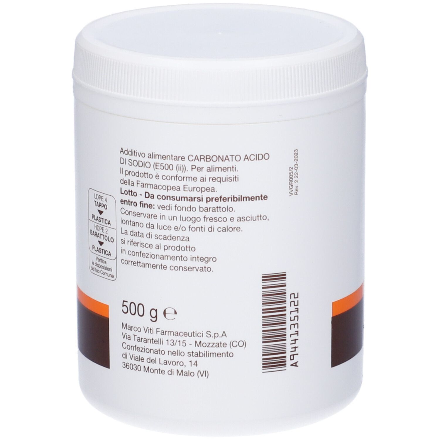 Récipient blanc avec couvercle. Inscription et code-barres. Texte : 500 g. Adresse du fabricant. Informations de stockage.