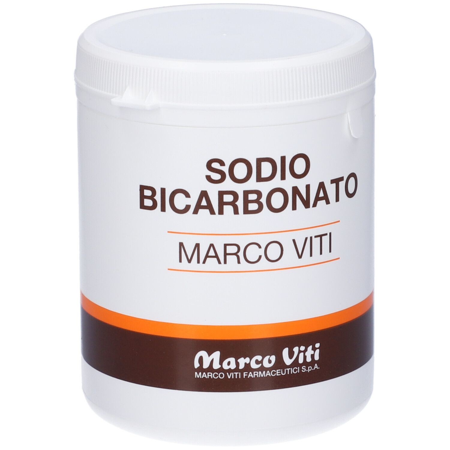 Récipient blanc avec couvercle. Inscription : SODIO BICARBONATO, MARCO VITI. Logo et texte : Marco Viti.