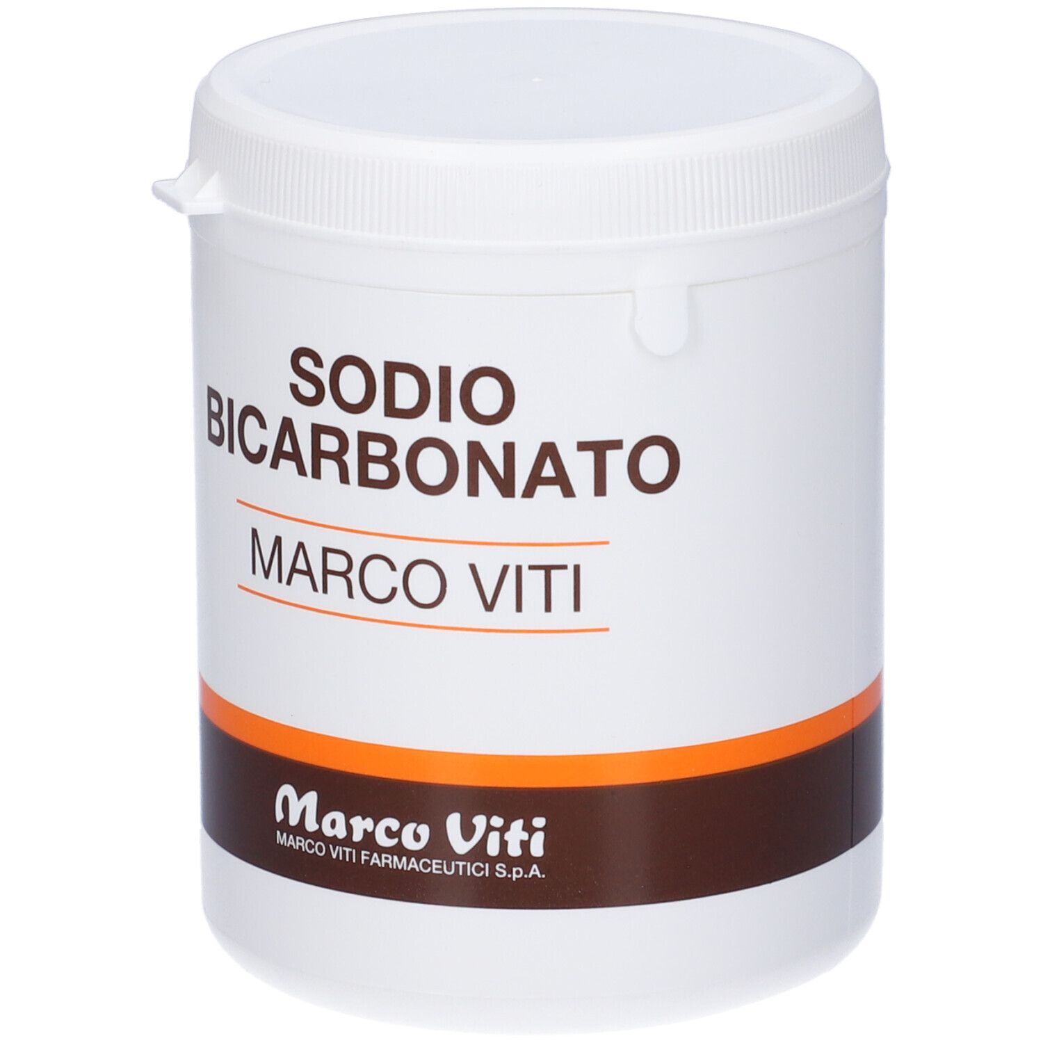 Récipient blanc avec couvercle. Inscription : SODIO BICARBONATO, MARCO VITI. Logo et texte : Marco Viti.
