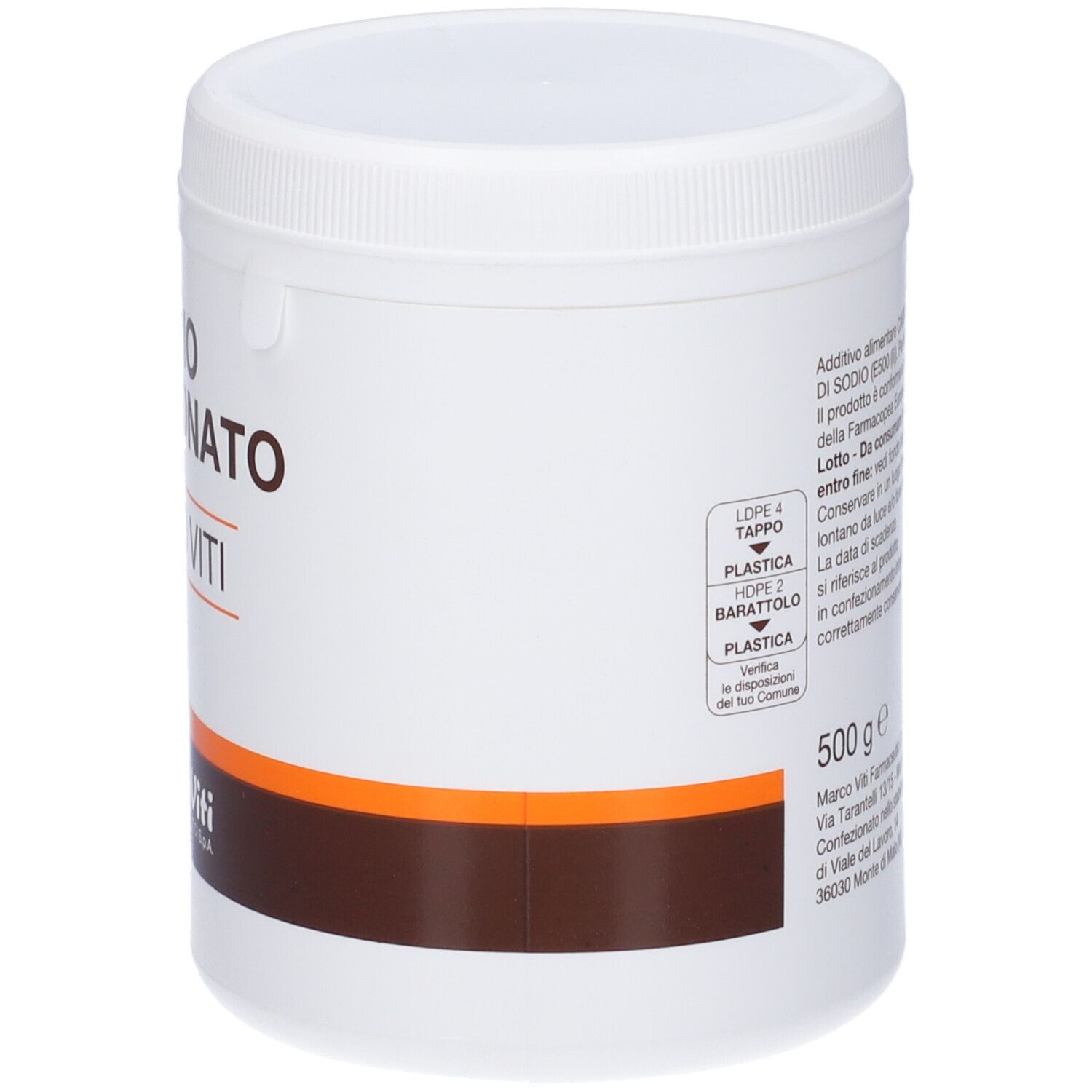 Récipient blanc avec couvercle. Inscription : SODIO BICARBONATO, MARCO VITI. Texte : 500 g. Logo Marco Viti.