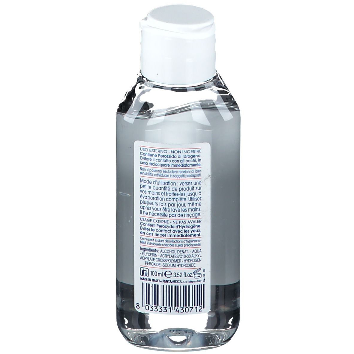 Dos du flacon transparent avec bouchon blanc. Étiquette avec texte et code-barres. Gel pour les mains.