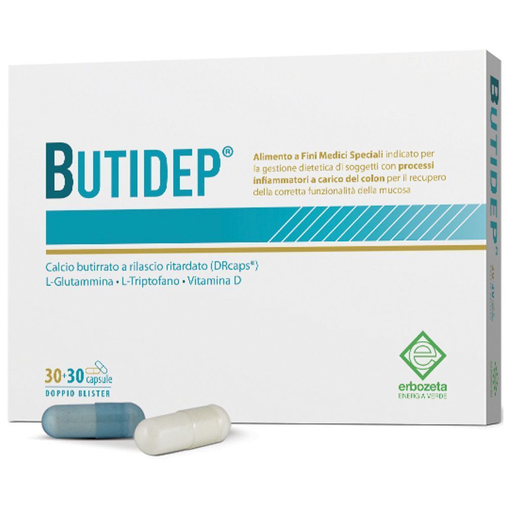 Confezione Butidep Doppia Capsula con due capsule. Scritta: 30+30 capsule, ingredienti e logo.