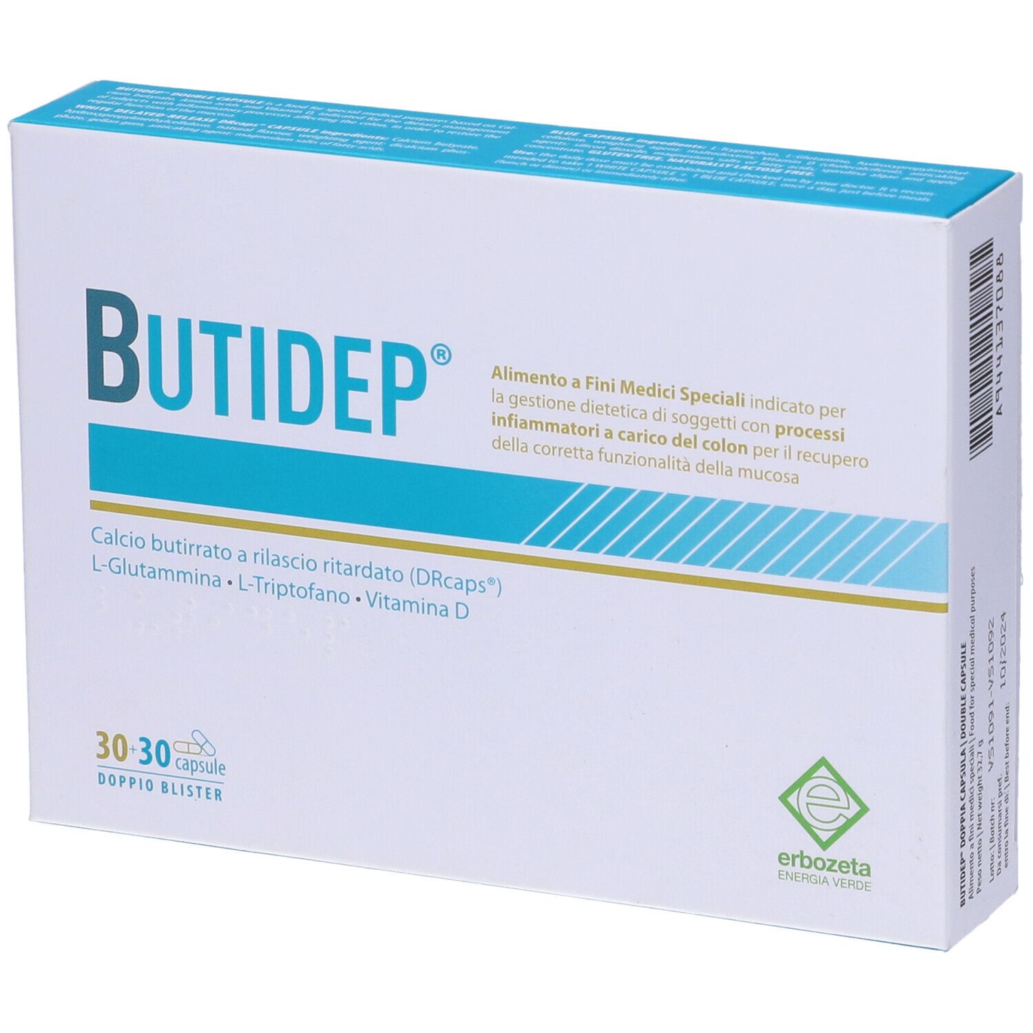 Confezione Butidep Doppia Capsula. Scritta: 30+30 capsule, ingredienti e logo.