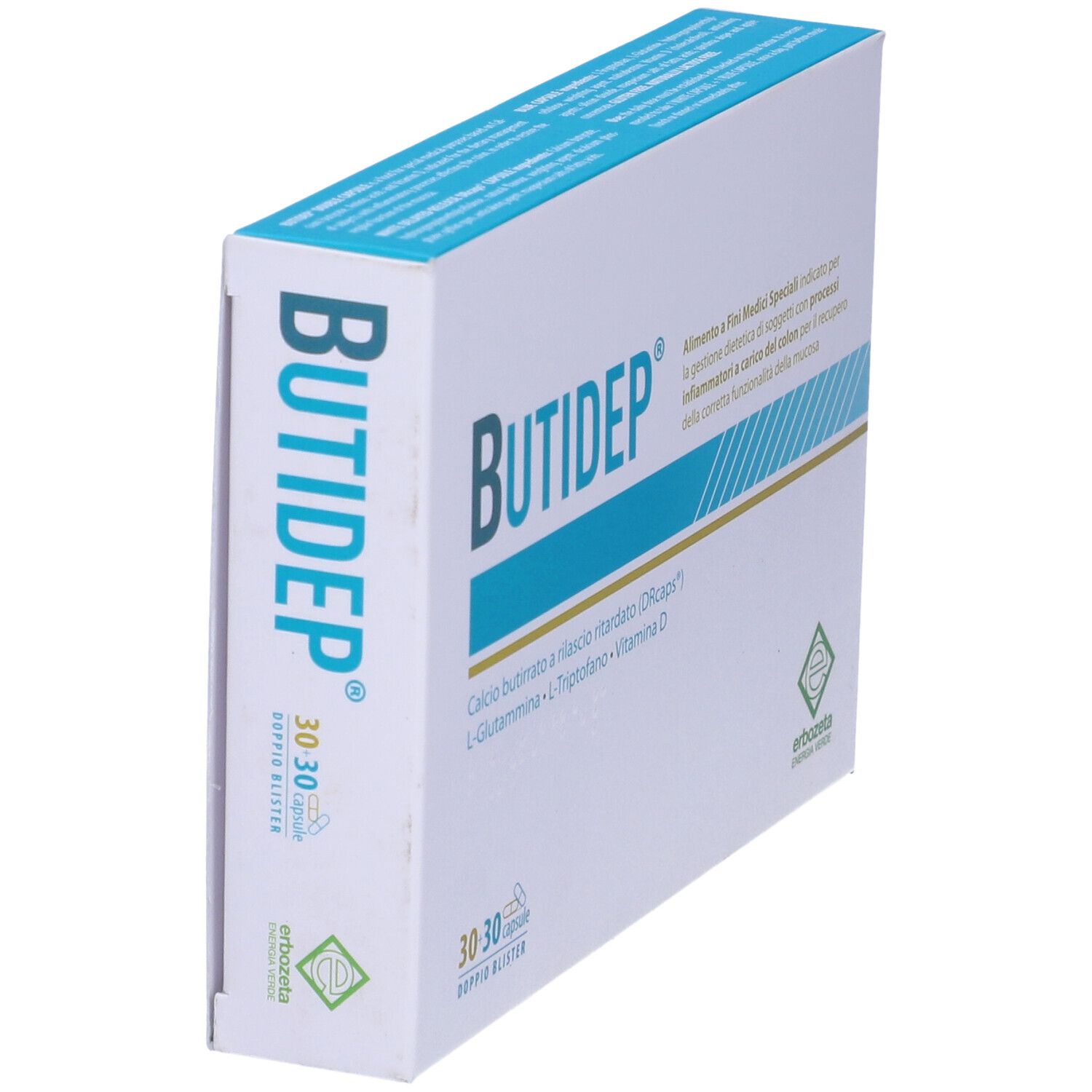 Confezione Butidep Doppia Capsula. Scritta: 30+30 capsule, ingredienti e logo.