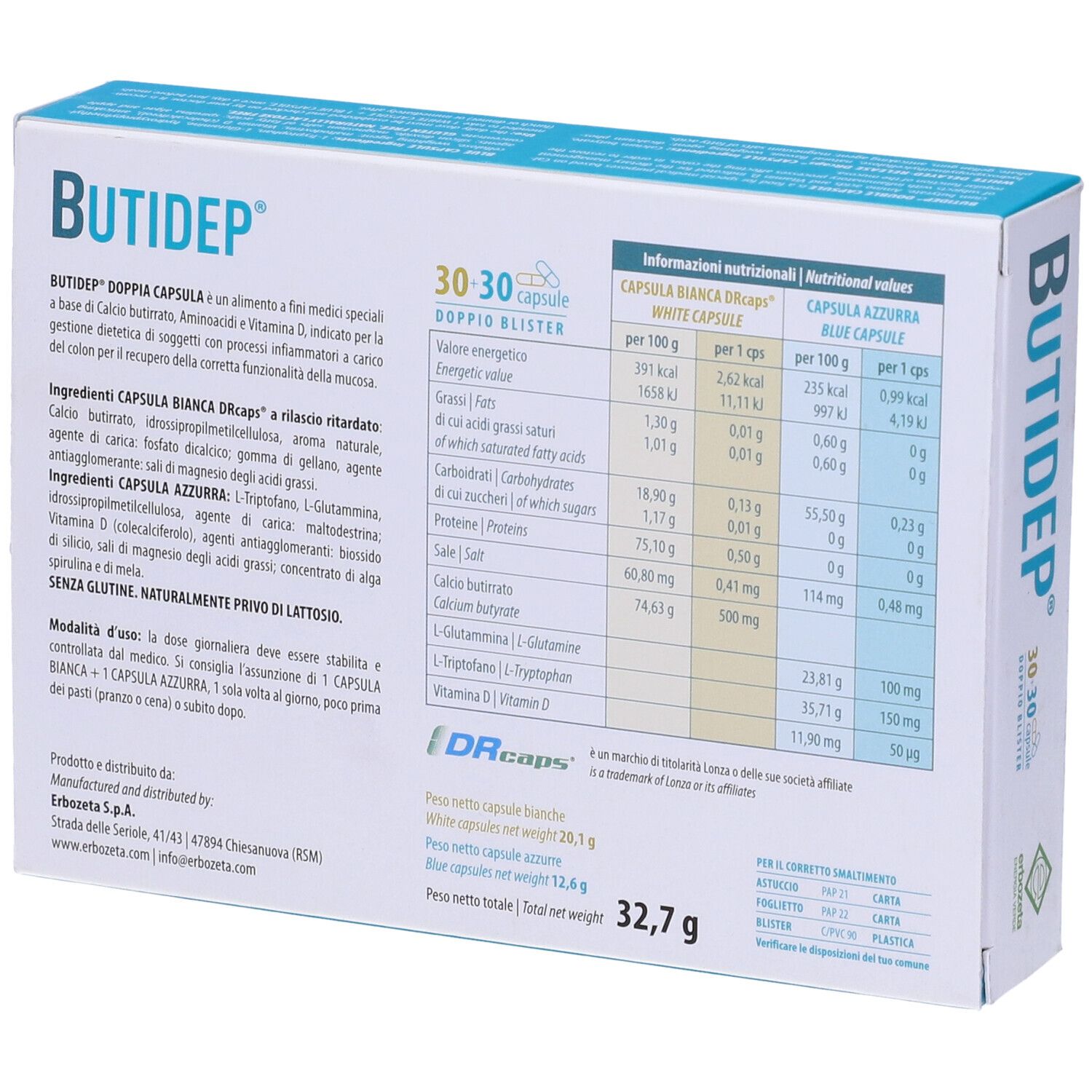 Confezione Butidep Doppia Capsula. Retro con informazioni nutrizionali e ingredienti.
