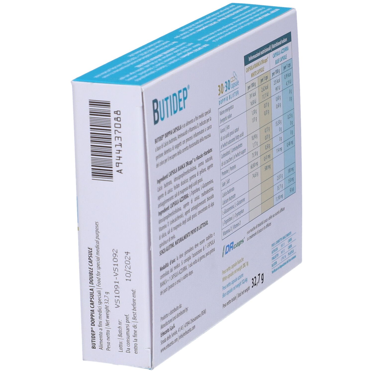 Confezione Butidep Doppia Capsula. Retro con informazioni nutrizionali e ingredienti.