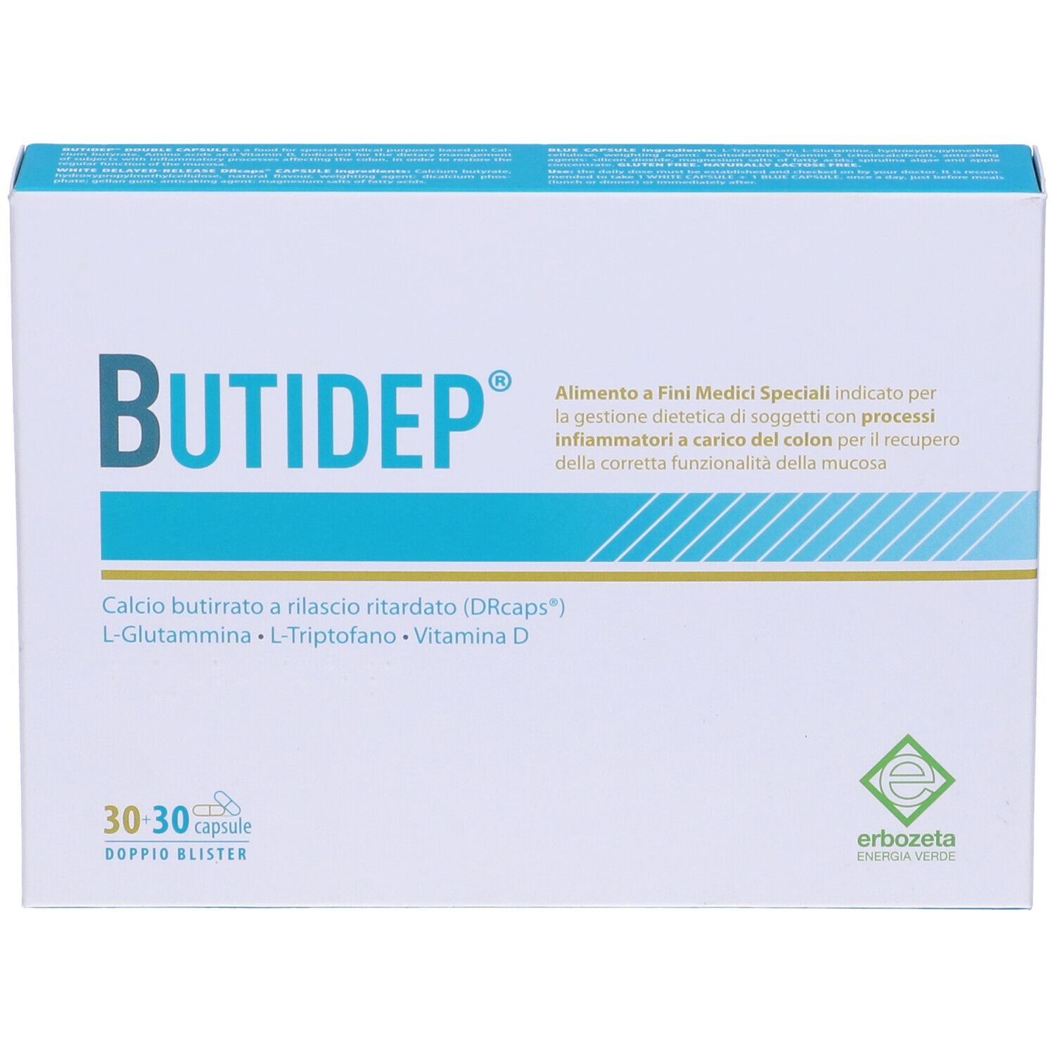 Confezione Butidep Doppia Capsula. Scritta: 30+30 capsule, ingredienti e logo.